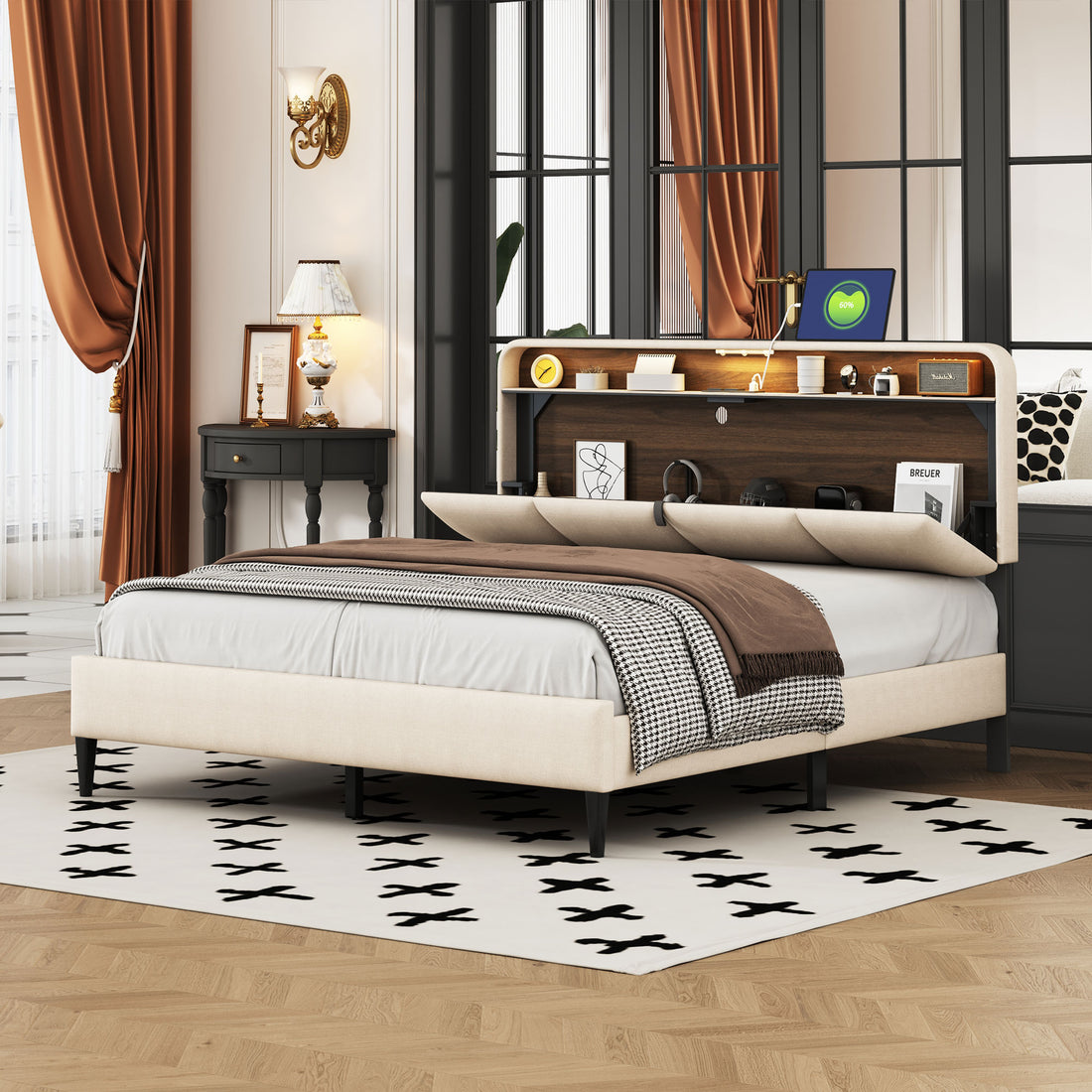 Queen Size Upholstered Platform Bed With Storage Headboard, Sensor Light And A Set Of Sockets And Usb Ports, Linen Fabric, Beige Beige Linen