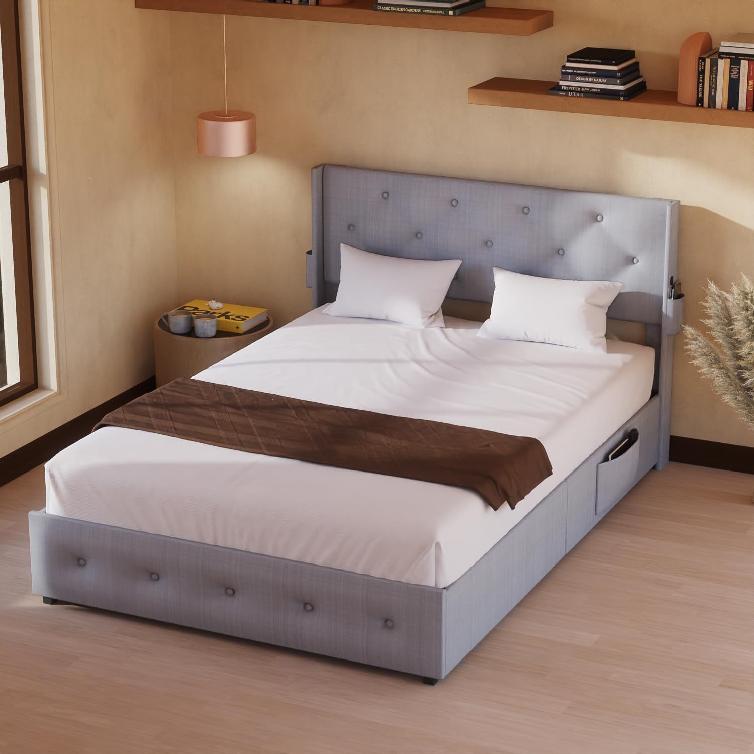 Queen Size Bed Frame With Storage Lift Up Storage Bed With Modern Wingback Headboard, Usb Ports Box Spring Not Required Queen Light Gray Metal Bedroom Contemporary Bed Frame Foam Linen Upholstered
