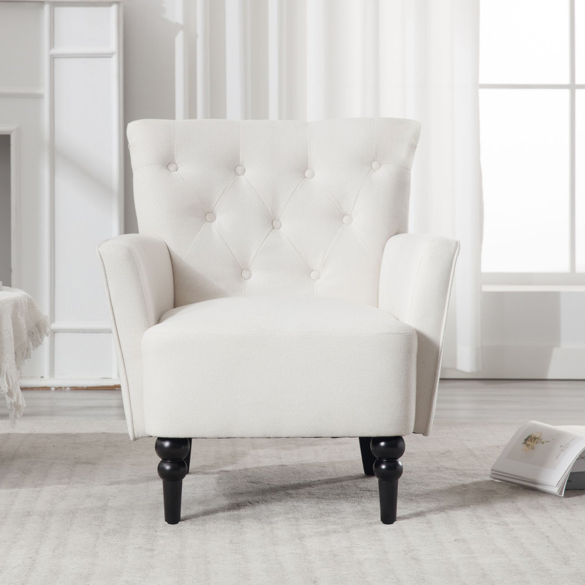 Mid Century Morden Arm Chair, Accent Chair With Ergonomic Cushion,Upholstered In Linen Fabric, Solid Wood Legs,Upholstered Single Sofa Club Chair For Living Room, Bedroom, Home Office,Cream. Cream Primary Living Space Mid Century Modern,Modern Rubberwood