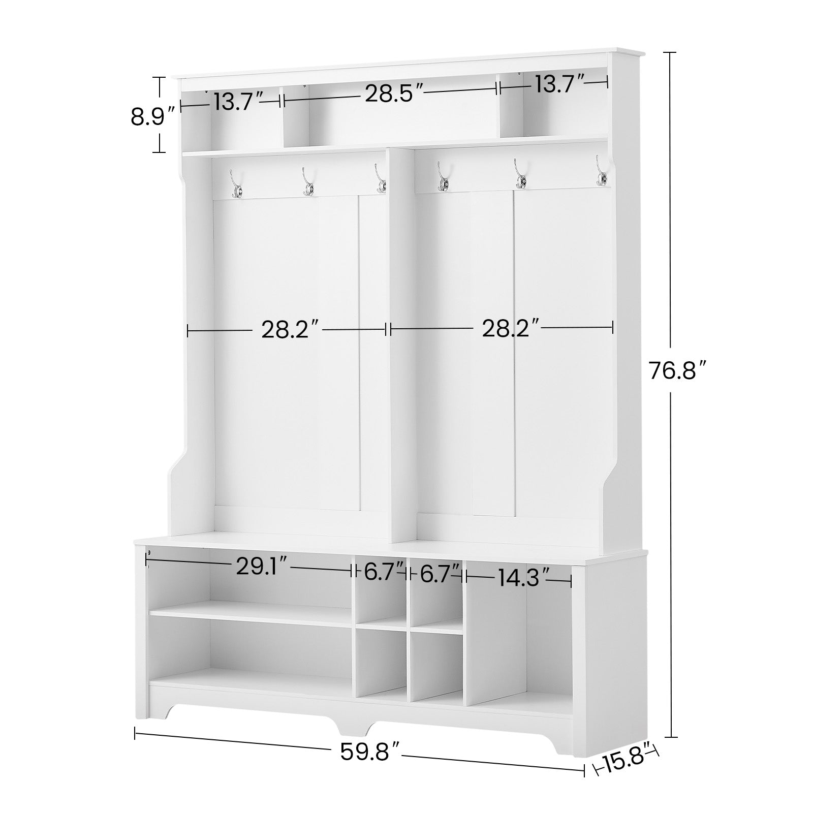 Hall Tree Entryway Bench With Coat Rack, With Shoe Cubbies For Bedroom, White, 59.8'' W X 15.8'' D X 76.8''H. White Particle Board