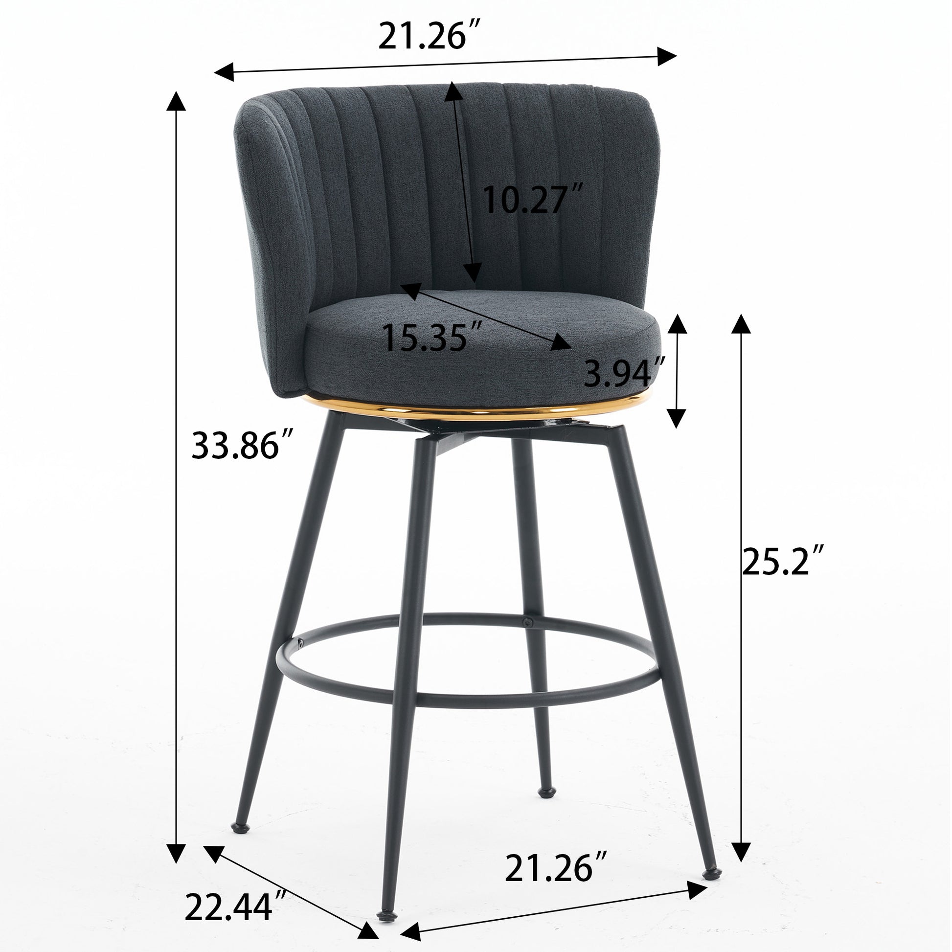 Set Of 2 Gray Swivel Bar Stools High Back, Adjustable, Upholstered With Elegant Metal Back Accents For Kitchen, Bar, Or Dining Room Dark Gray Metal