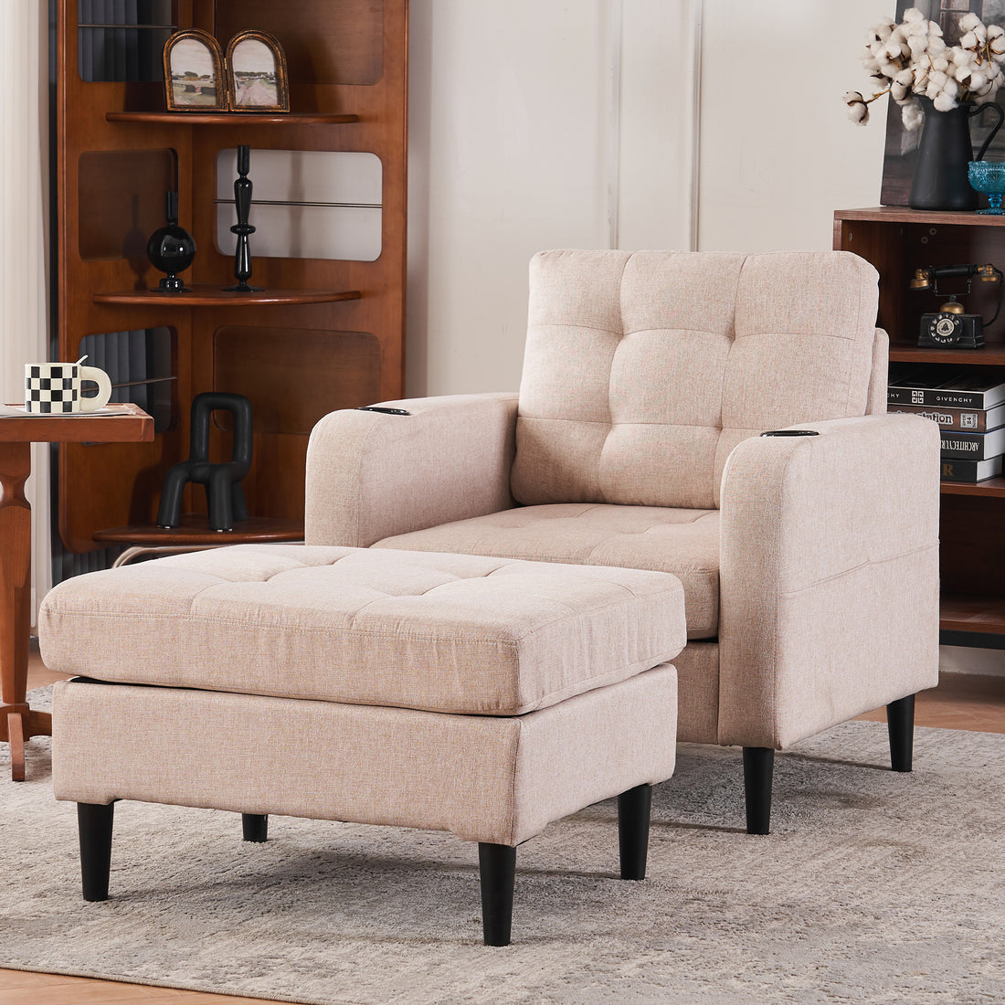 Beige Upholstered Armchair And Storage Ottoman Set Comfortable Single Sofa With Cup Holders And Tufted Detailing, Ideal For Living Room Or Bedroom Beige Metal