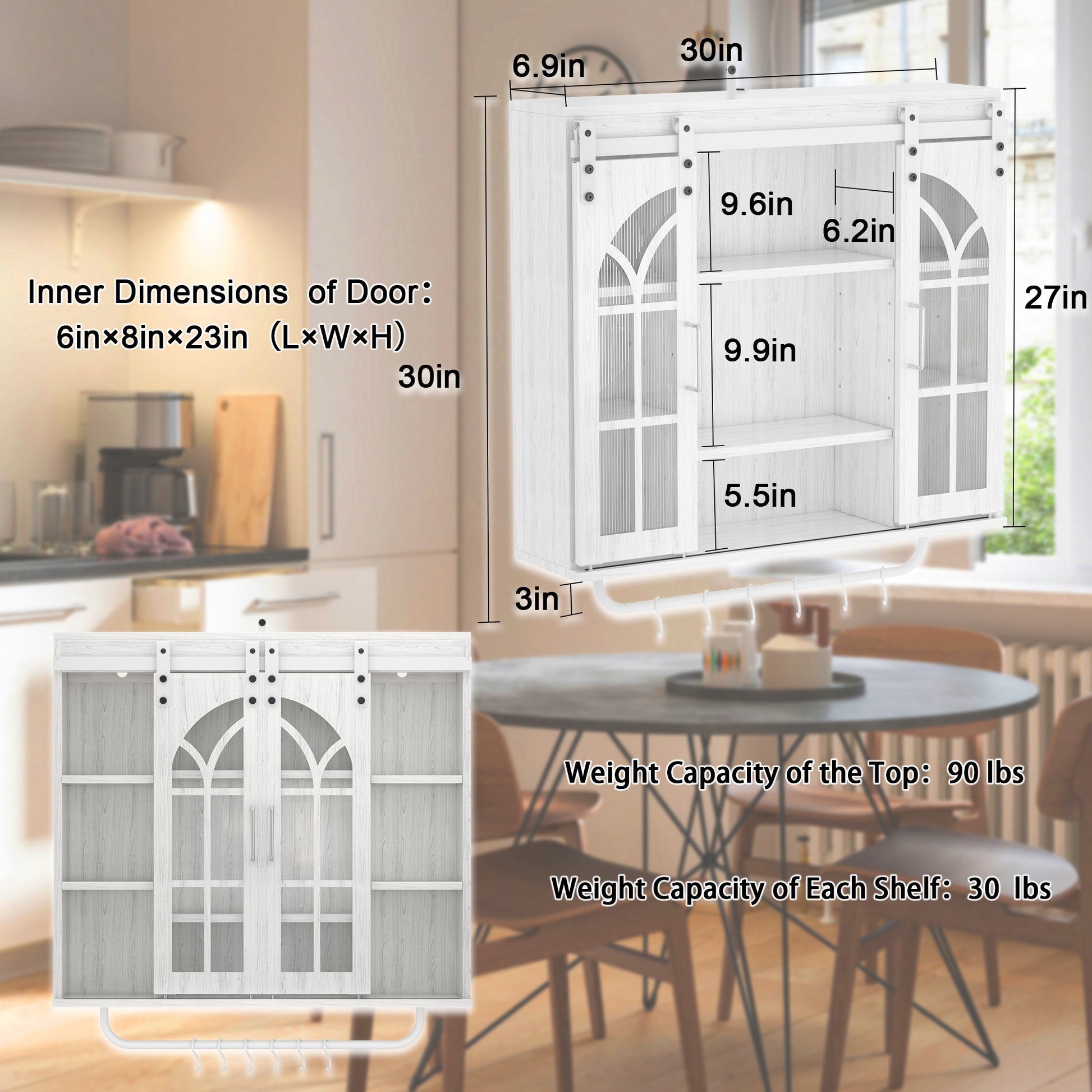 Rustic Wood Wall Storage Cabinet With Two Sliding Barn Door, 3 Tier Decorative Farmhouse Vintage Cabinet For Kitchen Dining, Bathroom, Living Room, Vintage White White Adjustable Shelves Particle Board