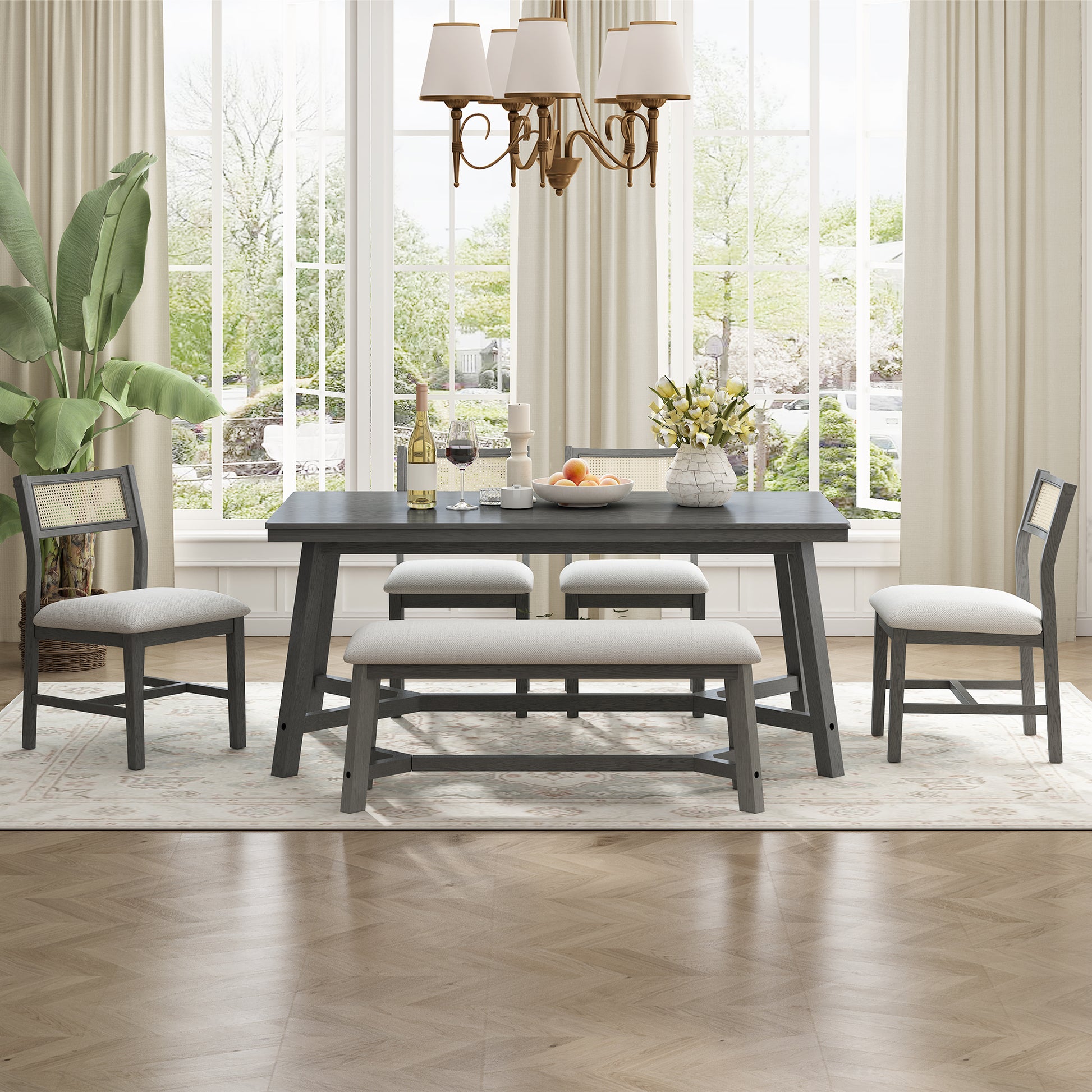 6 Piece Retro Farmhouse Style Dining Set, Rectangular Table And 4 Upholstered Chairs With Rattan And Bench For Dining Room And Kitchen Gray Gray Solid Wood Mdf