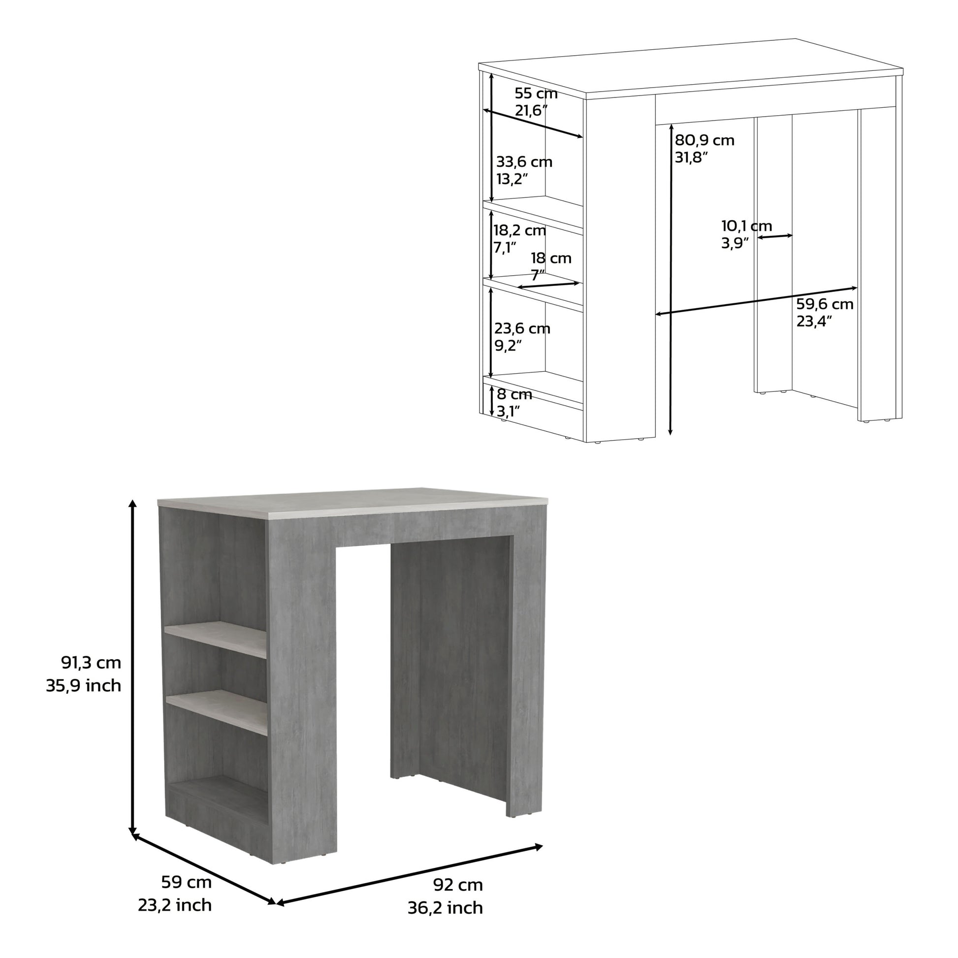 Kitchen Island, Kitchen Bar Table 36" H, 3 Side Shelves, Concrete Gray Ibiza Marble Color Finish Grey Multi Particle Board Pine