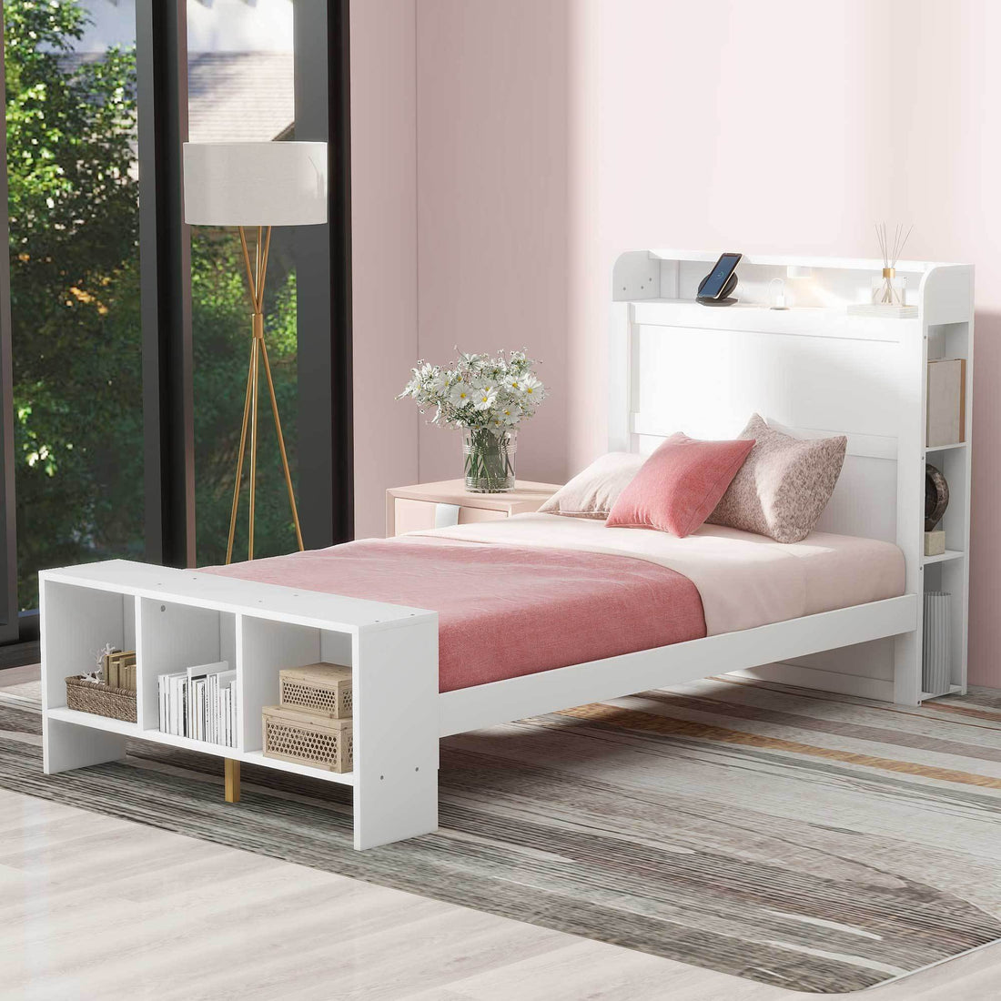 Twin Size Platform Bed With Built In Shelves, Led Light And Usb Ports, White White Mdf Lvl