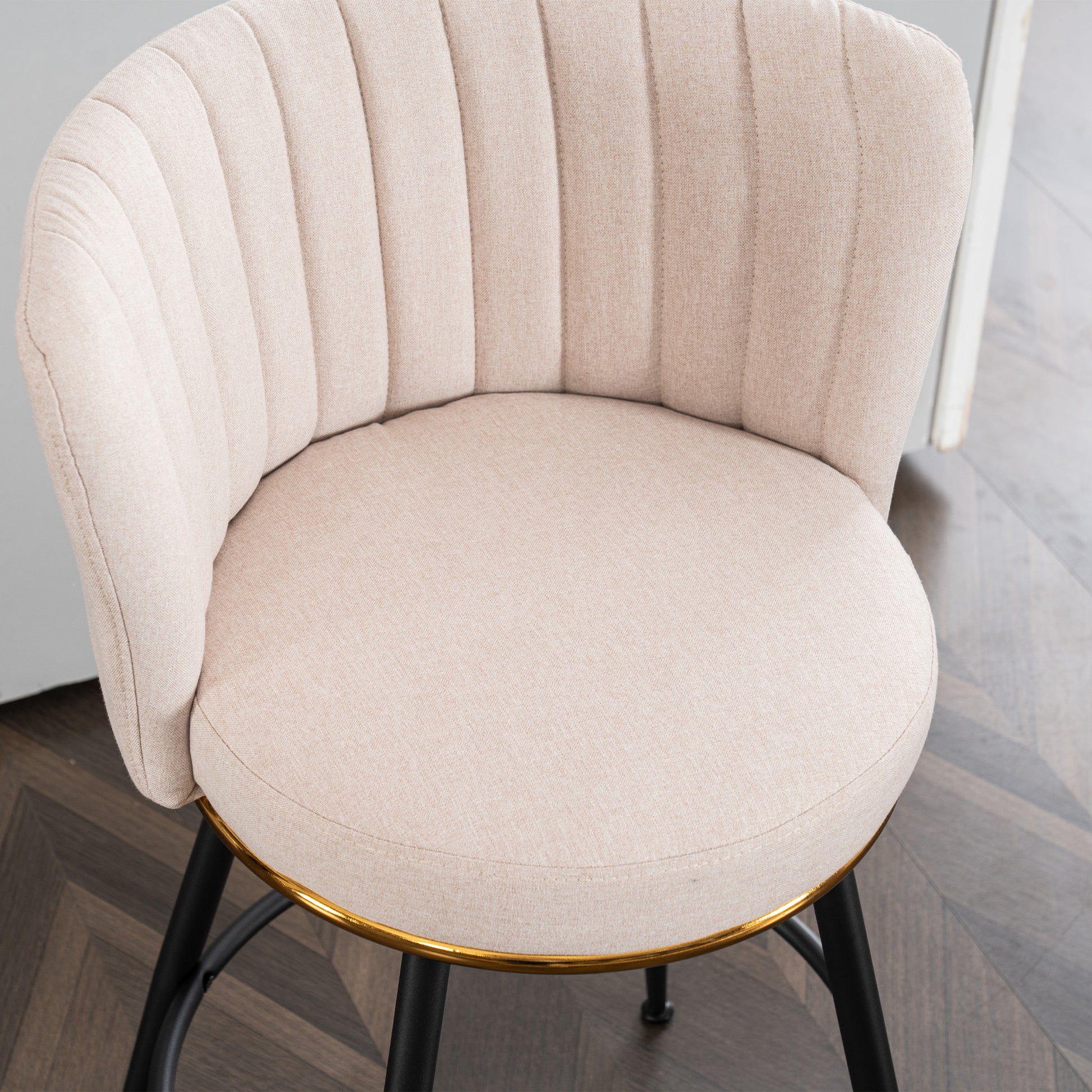 Set Of 2 Beige Swivel Bar Stools High Back, Adjustable, Upholstered With Elegant Metal Back Accents For Kitchen, Bar, Or Dining Room Beige Metal
