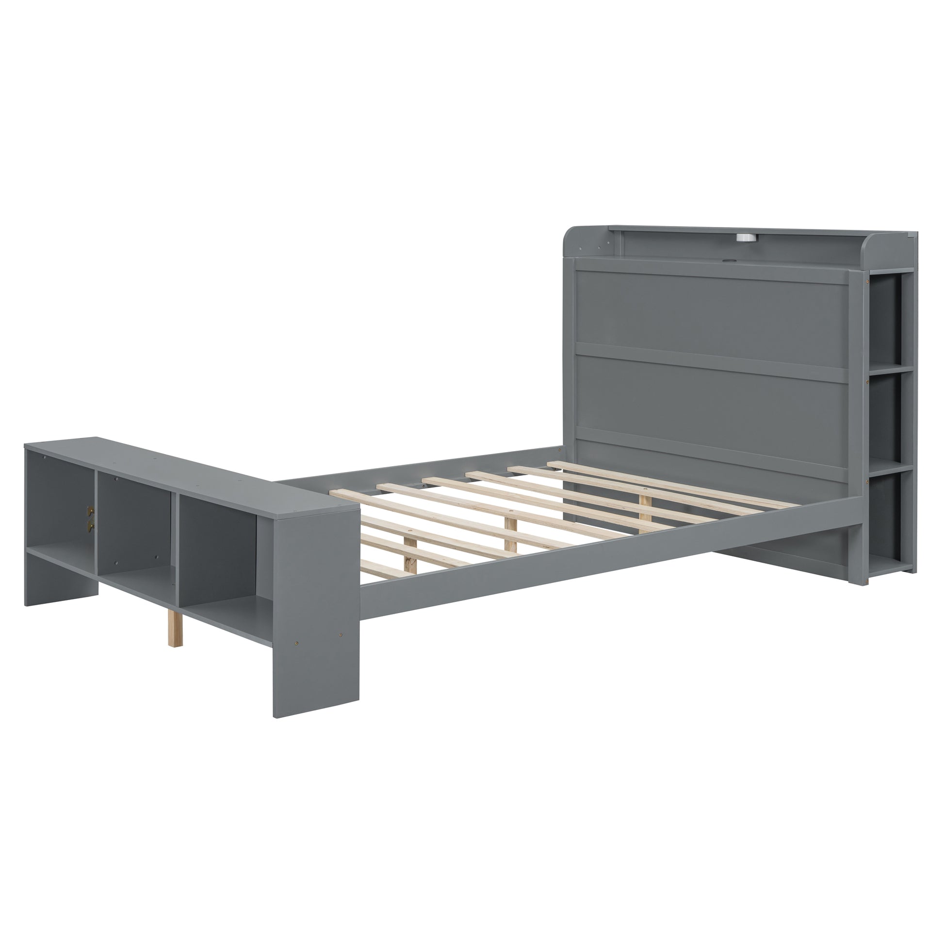 Full Size Platform Bed With Built In Shelves, Led Light And Usb Ports, Gray Gray Mdf Lvl