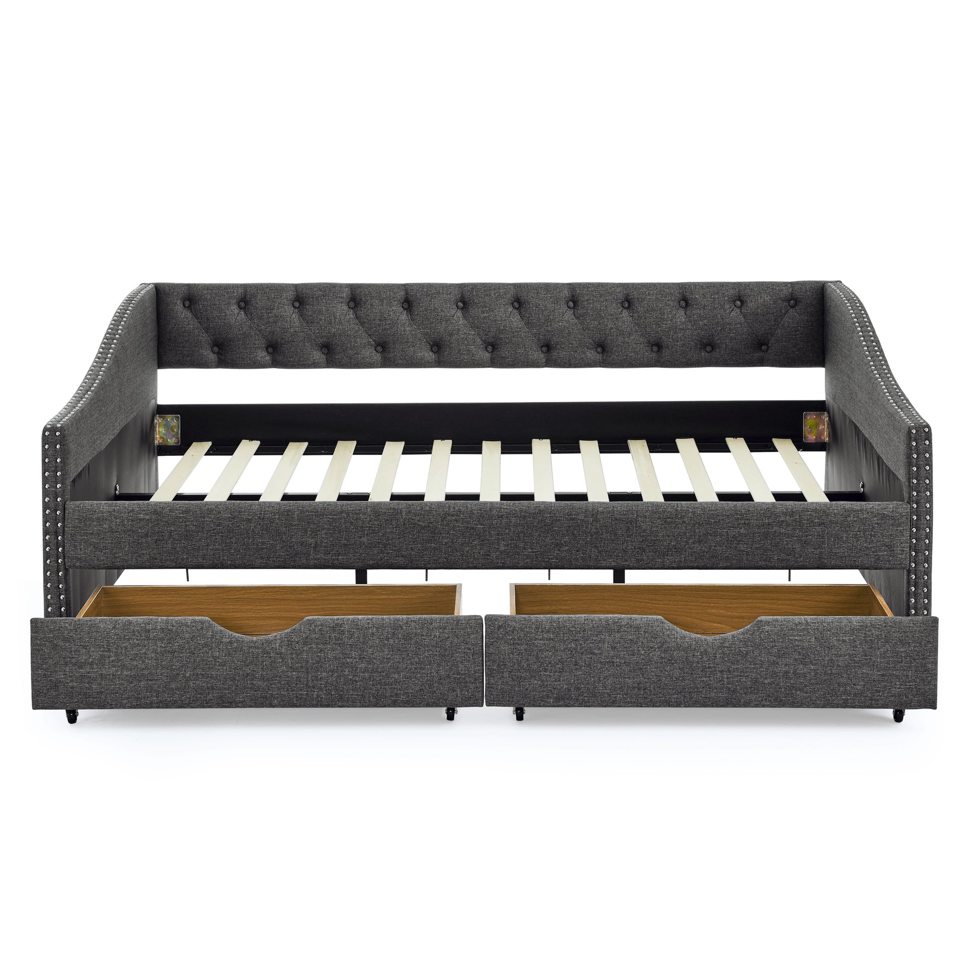 Full Size Daybed With Drawers Upholstered Tufted Sofa Bed, With Button On Back And Copper Nail On Waved Shape Arms 80.5''X55.5''X27.5'' Dark Grey Linen