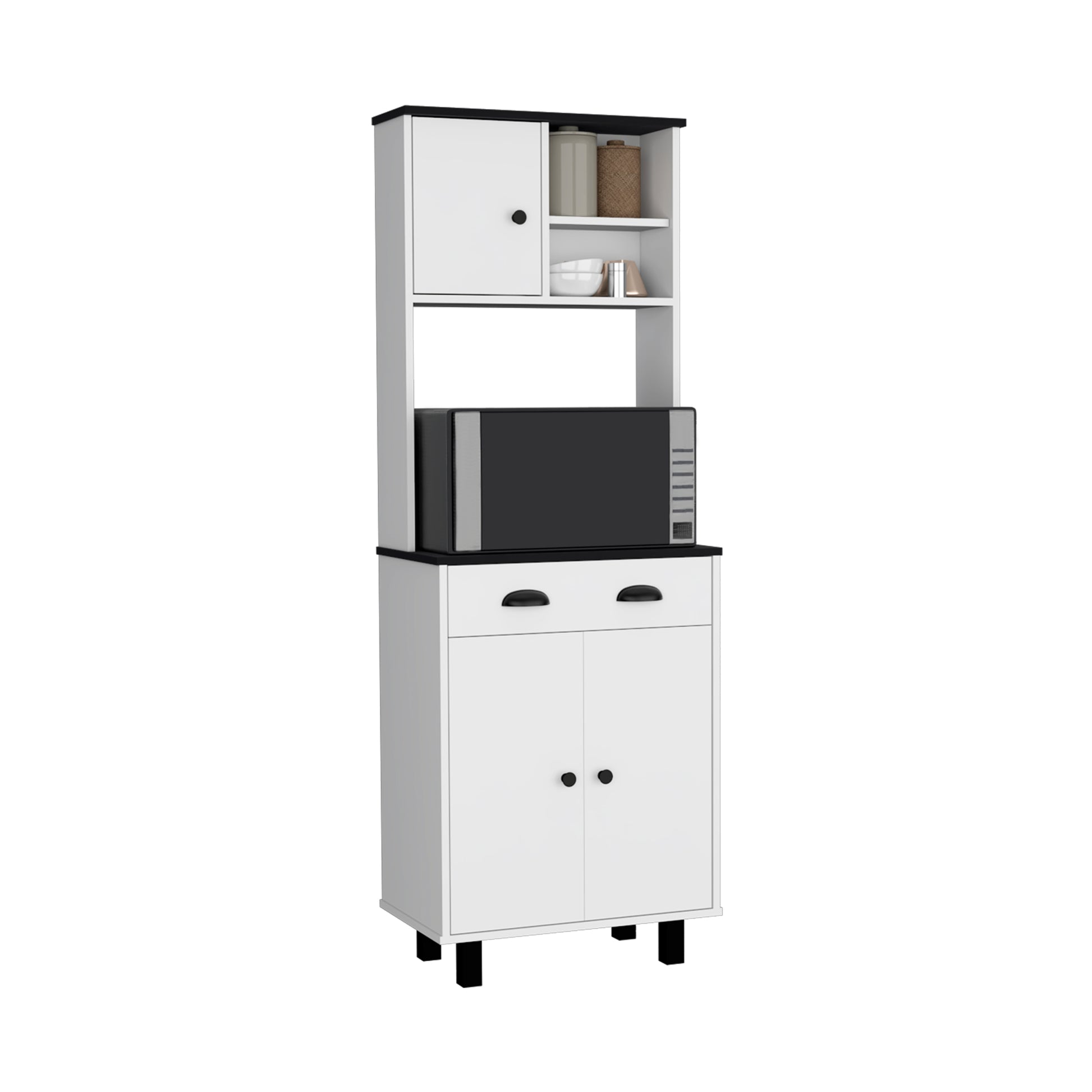 Waco 67" H Kitchen Pantry With Two Cabinets, Two Open Shelves, And One Drawer,White Black White Black Particle Board Pine