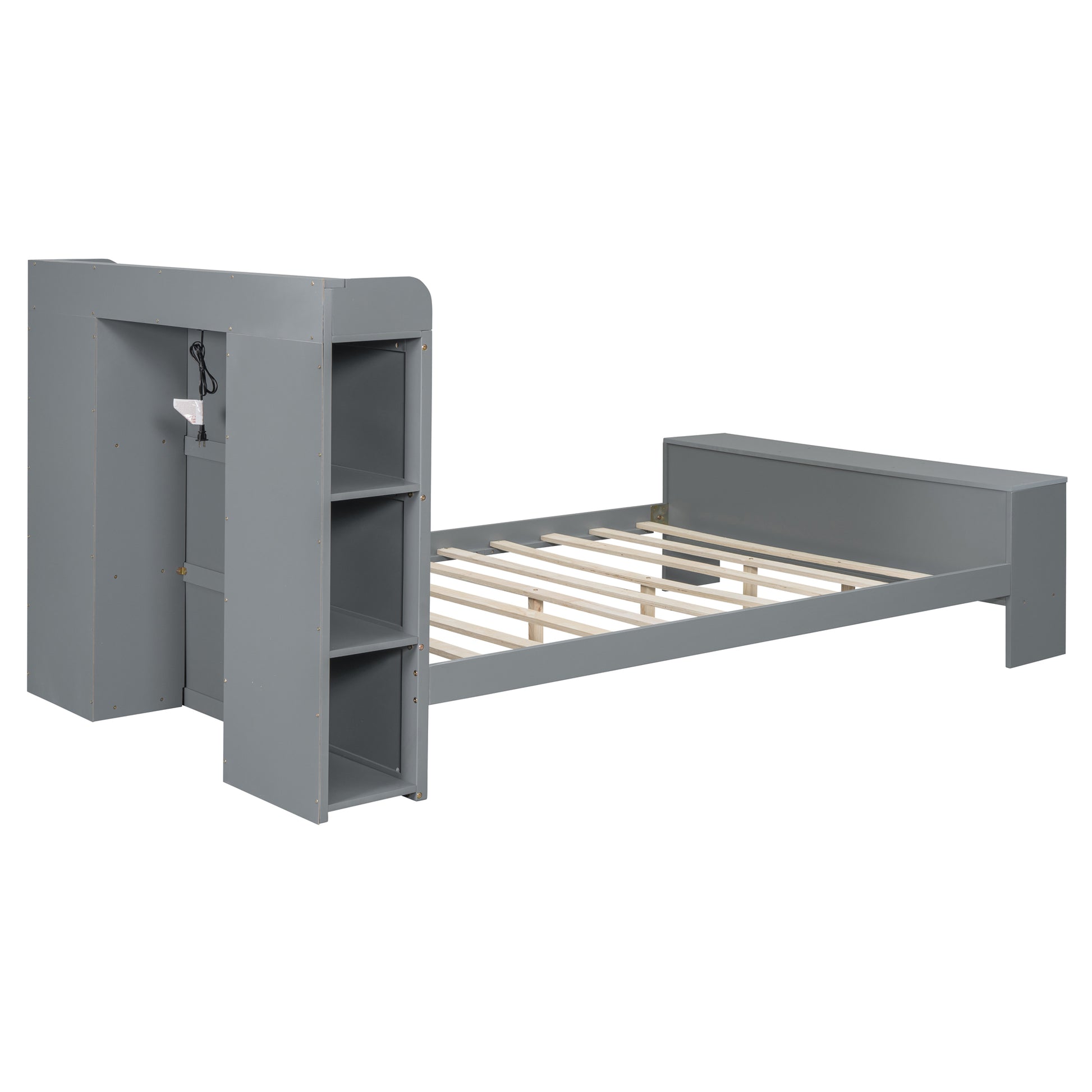 Full Size Platform Bed With Built In Shelves, Led Light And Usb Ports, Gray Gray Mdf Lvl