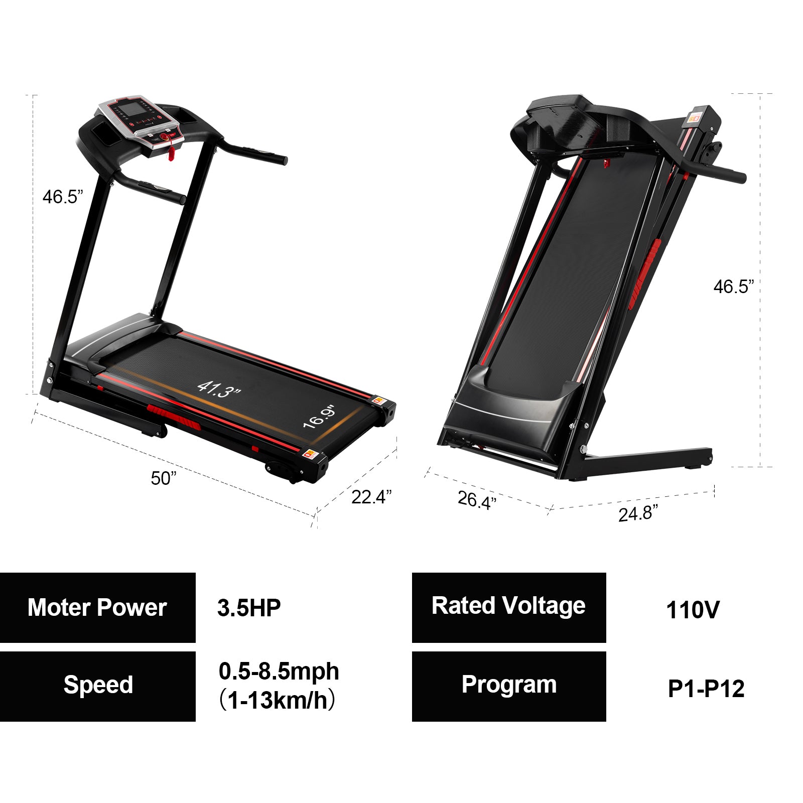 Folding Treadmills For Home 3.5Hp Portable Foldable With Incline, Electric Treadmill For Running Walking Jogging Exercise With 12 Preset Programs, Indoor Workout Training Space Save Apartment,App Black Stainless Steel