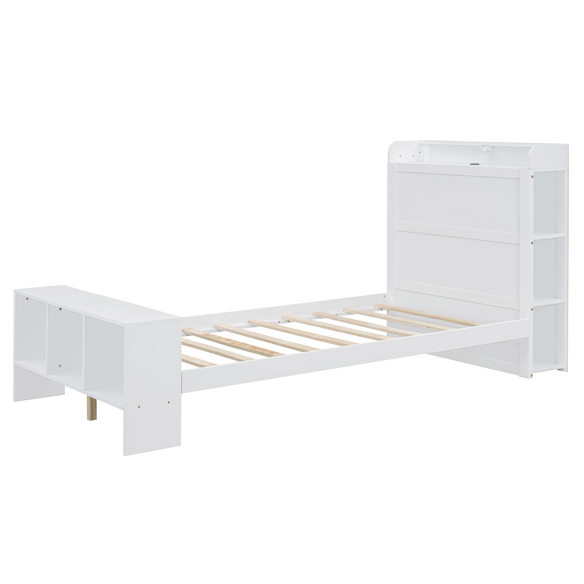 Twin Size Platform Bed With Built In Shelves, Led Light And Usb Ports, White White Mdf Lvl