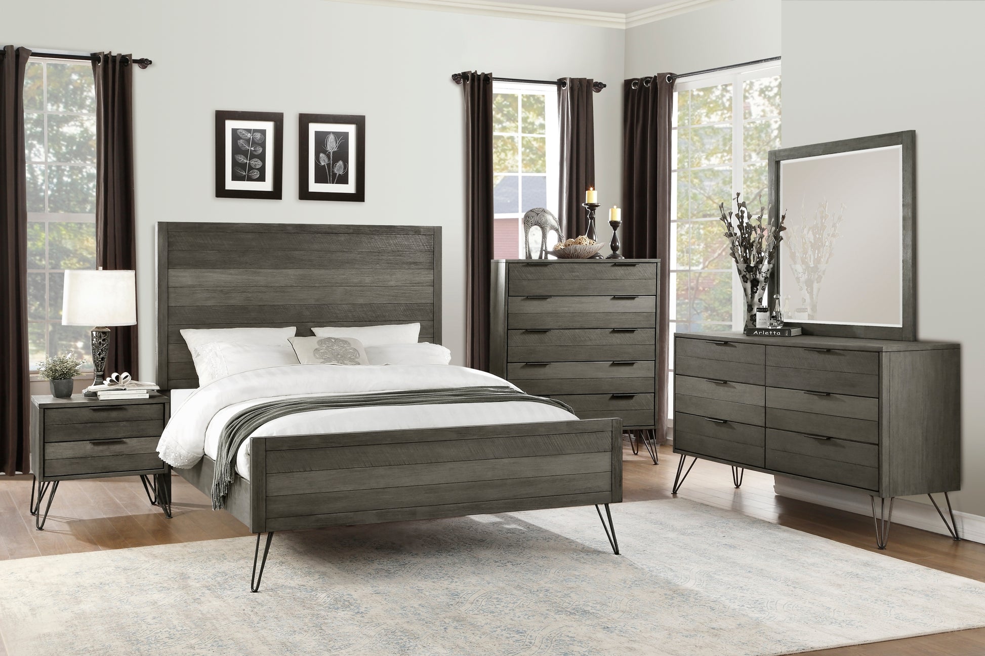 Unique Design 3 Tone Gray Finish 1Pc Eastern King Bed Metal Legs Horizontal Slat Design Headboard Footboard Bedroom Furniture Box Spring Required King Gray Wood Bedroom Bed Frame Wood