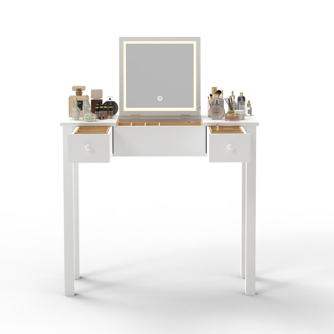 Chic White Vanity Table With Led Lights, Flip Top Mirror And 2 Drawers, Jewelry Storage For Women Dressing White Mdf