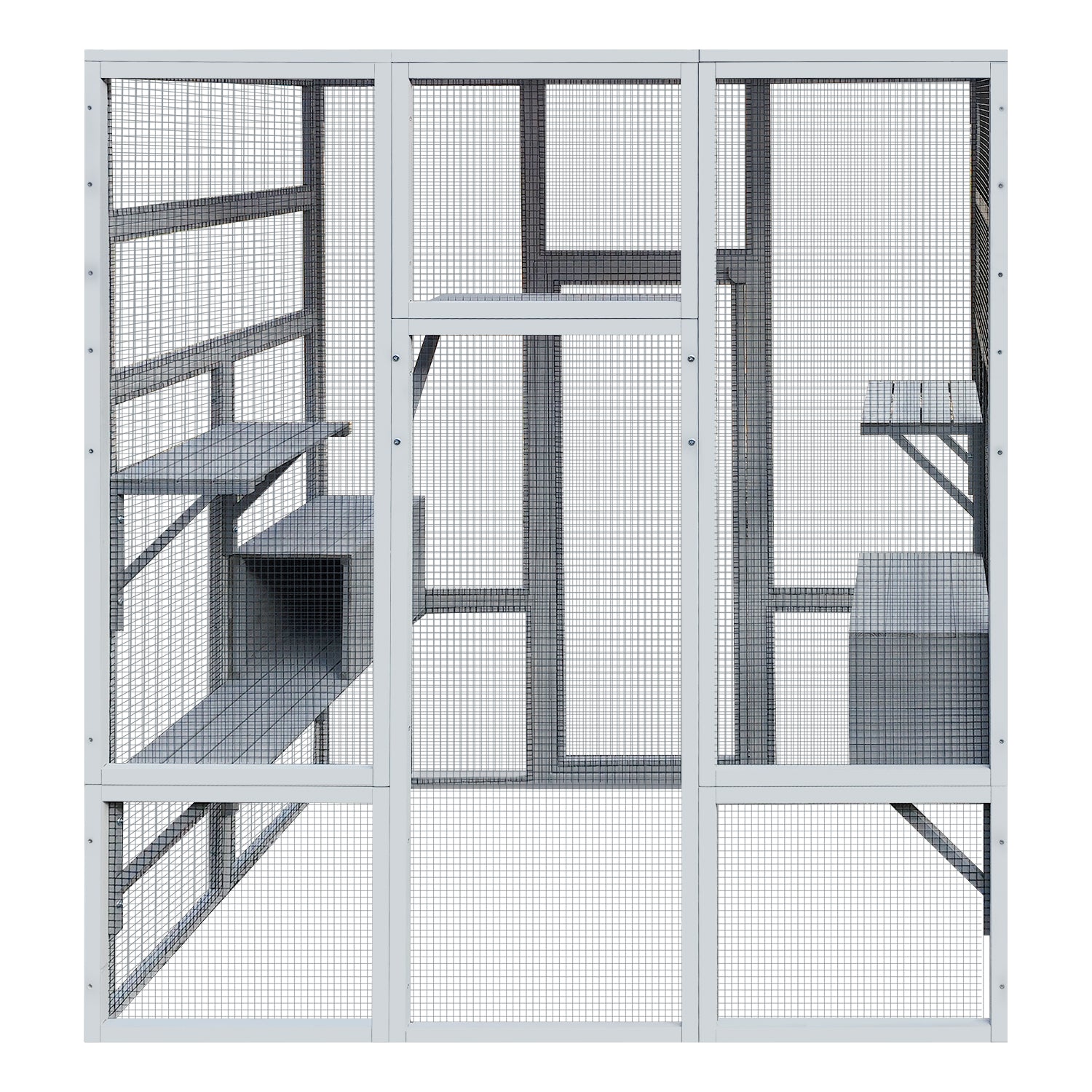 62.6" Wooden Cat House Large Catio, Solid Wood Cat Cage Shelter Enclosure Playpen With Anti Uv& Waterproof, 7 Platforms And 2 Resting Boxes Gray Wood