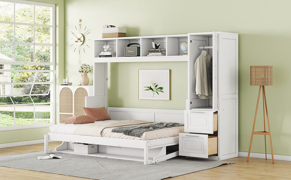 Full Size Murphy Bed Wall Bed With Closet And Drawers,White White Mdf Lvl
