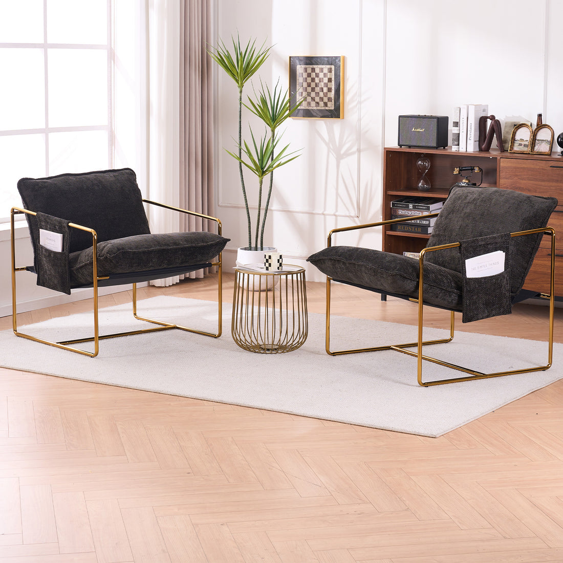 2 Chairs In 1 Box, Upholstered Hanging Armchair With Arm Pocketsmetal Frame, Gold Plated Craftsman, Crushed Foam Cushions And Skin Friendly Woven Fabric For Living Room And Bedroom. Dark Gray Dark Gray Metal