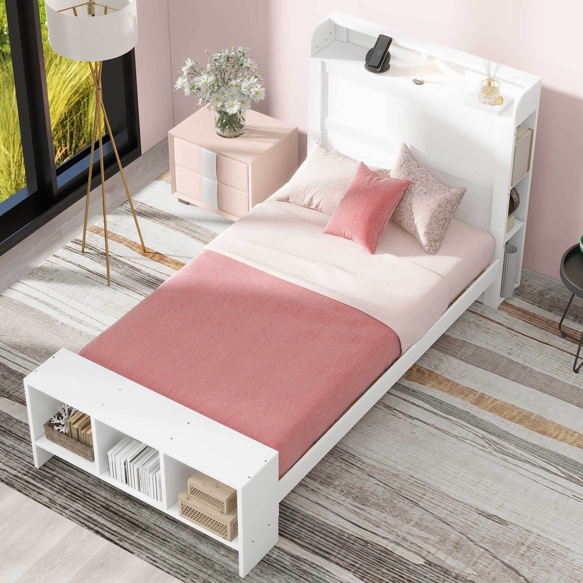 Twin Size Platform Bed With Built In Shelves, Led Light And Usb Ports, White White Mdf Lvl