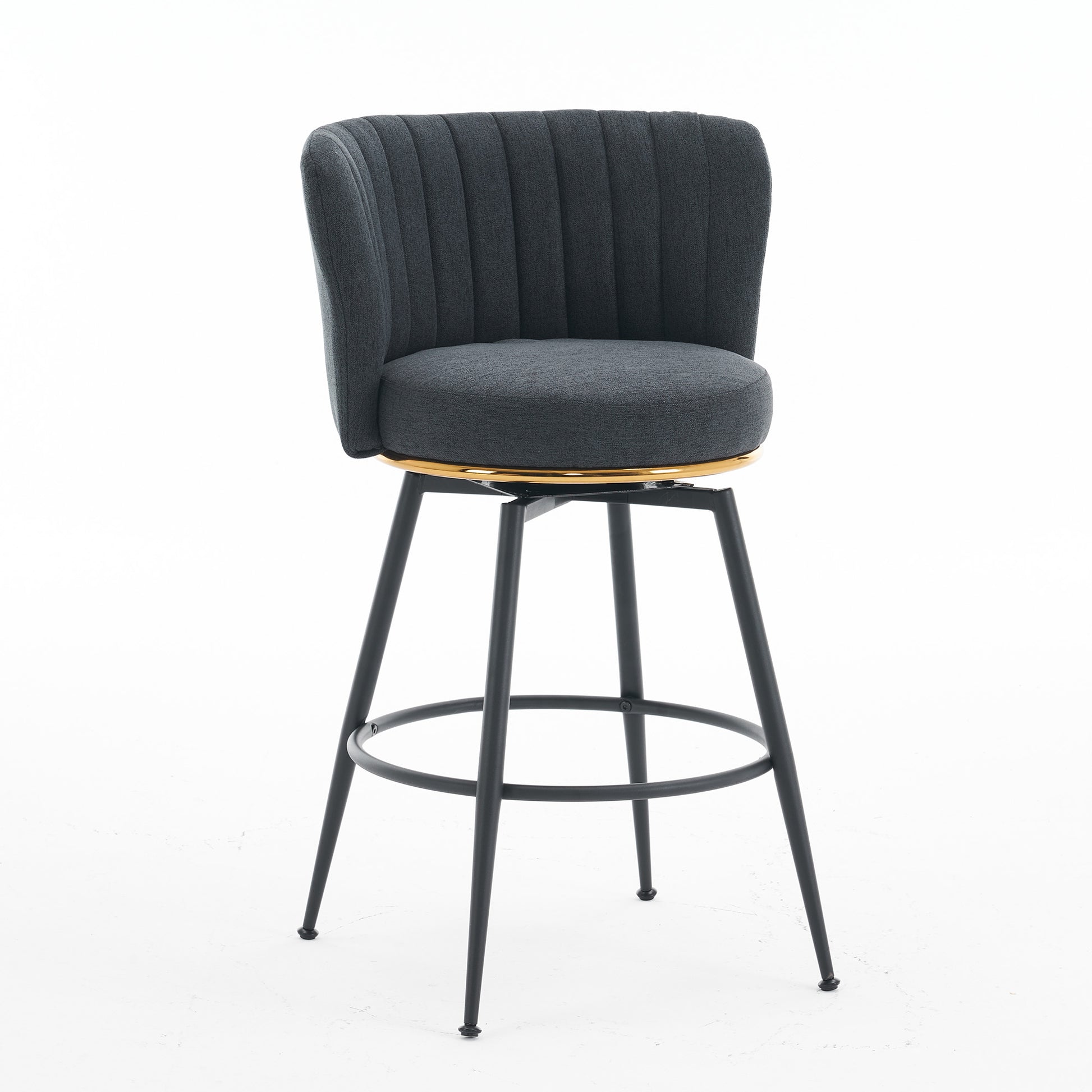Set Of 2 Gray Swivel Bar Stools High Back, Adjustable, Upholstered With Elegant Metal Back Accents For Kitchen, Bar, Or Dining Room Dark Gray Metal