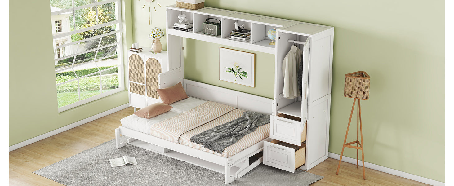 Full Size Murphy Bed Wall Bed With Closet And Drawers,White White Mdf Lvl