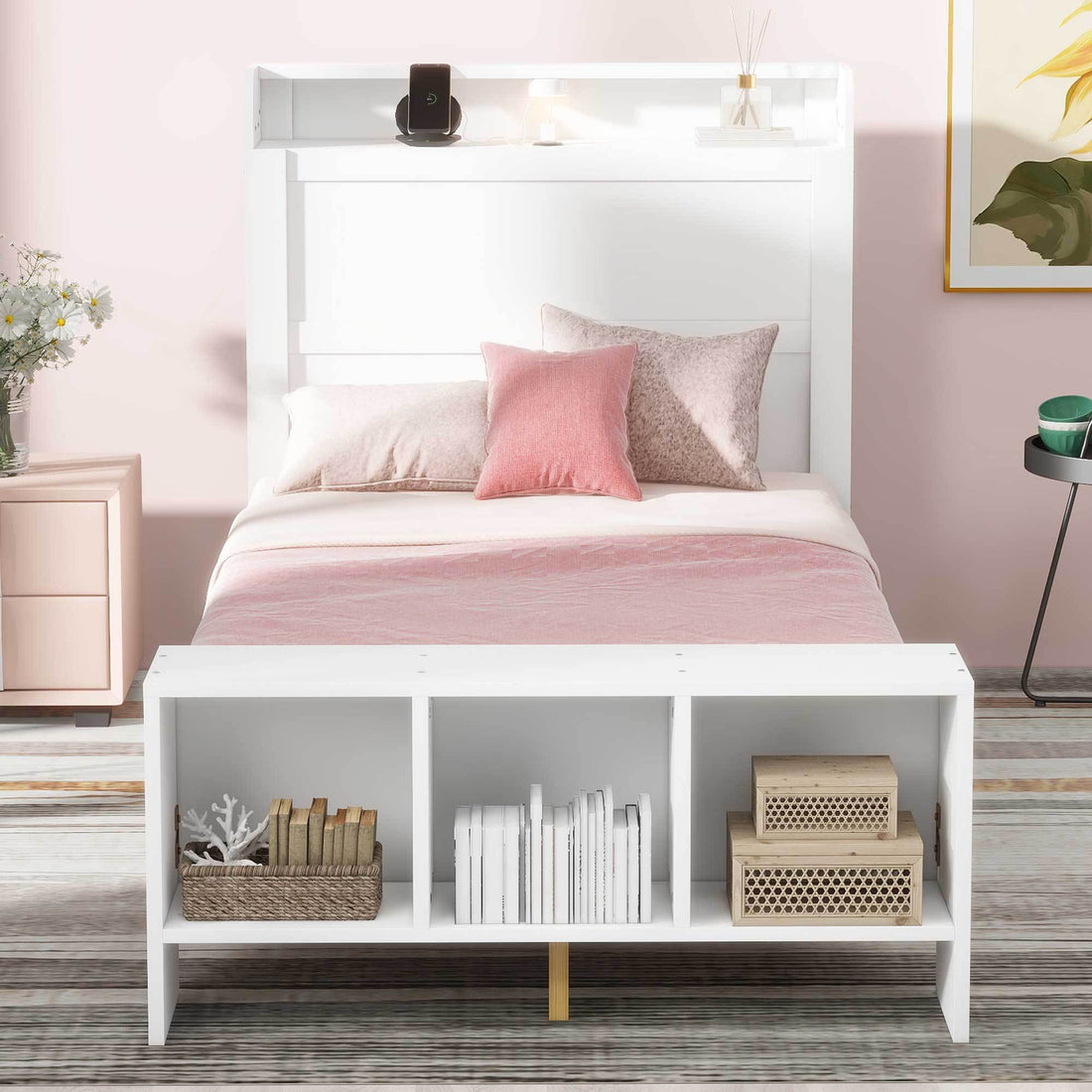 Twin Size Platform Bed With Built In Shelves, Led Light And Usb Ports, White White Mdf Lvl