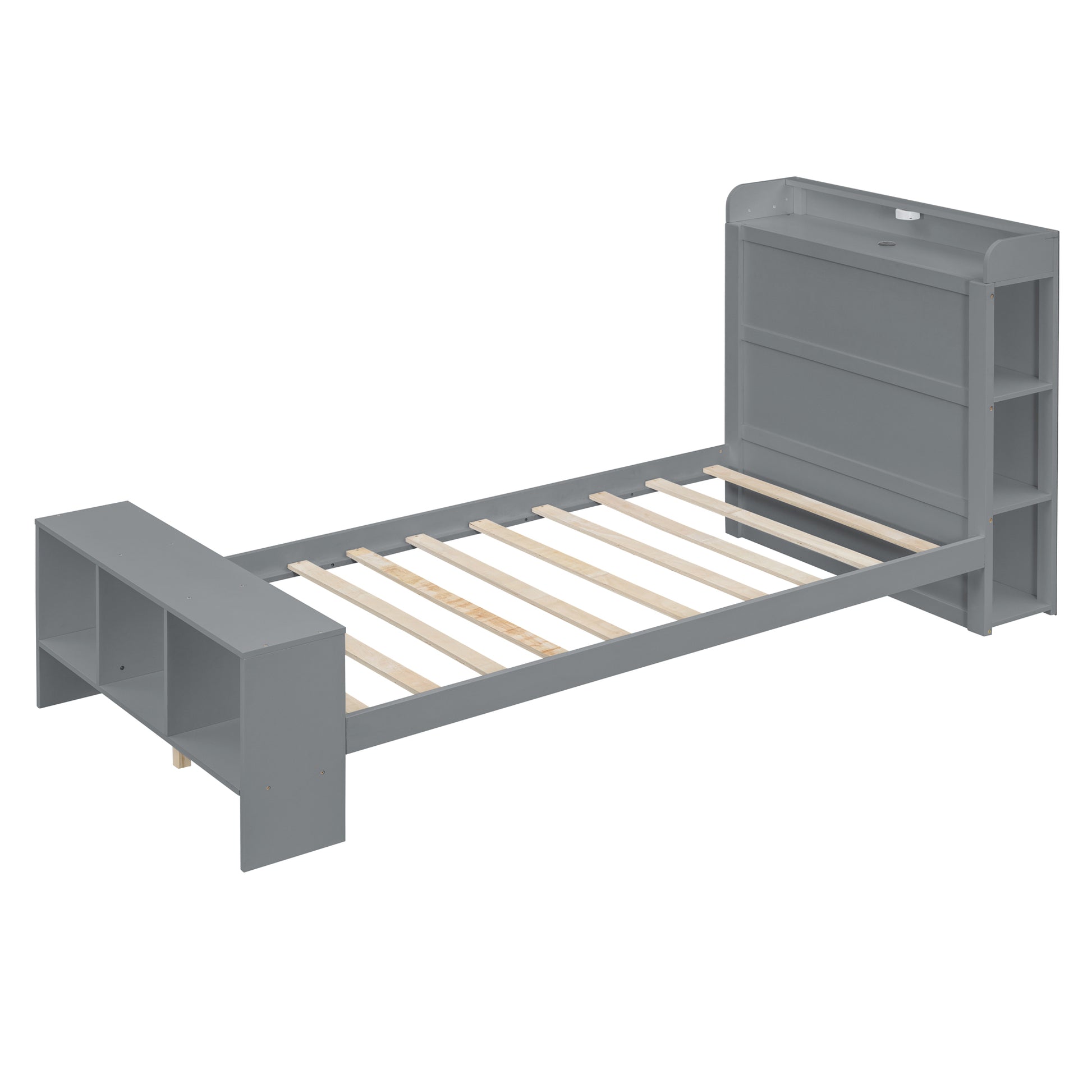 Twin Size Platform Bed With Built In Shelves, Led Light And Usb Ports, Gray Gray Mdf Lvl