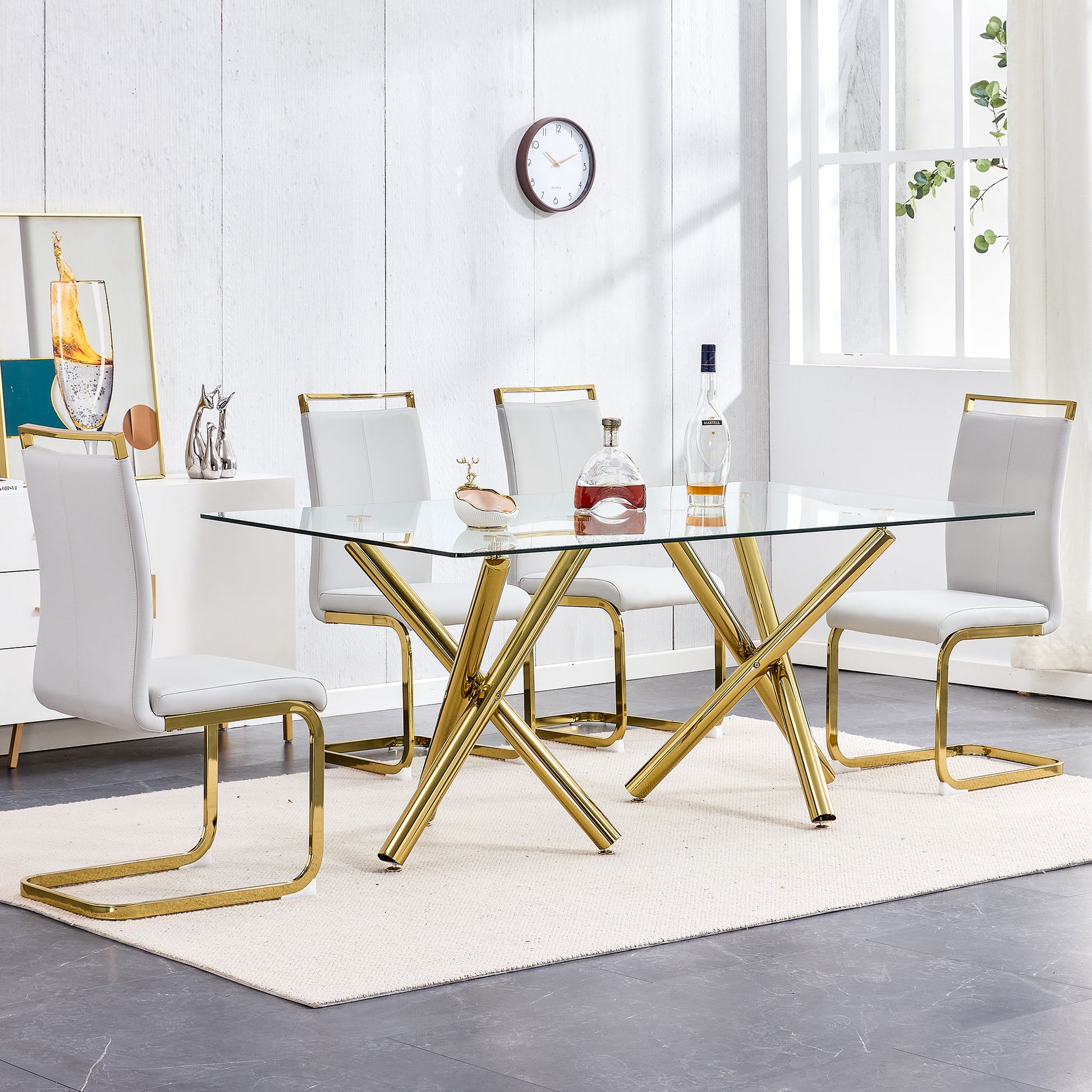 Large Modern Minimalist Rectangular Glass Dining Table For 6 8 With 0.39"Tempered Glass Tabletop And Golden Metal Legs,Kitchen Dining Living Meeting Room Banquet Hall, 71" X 35.4" X 30" 1538 Golden