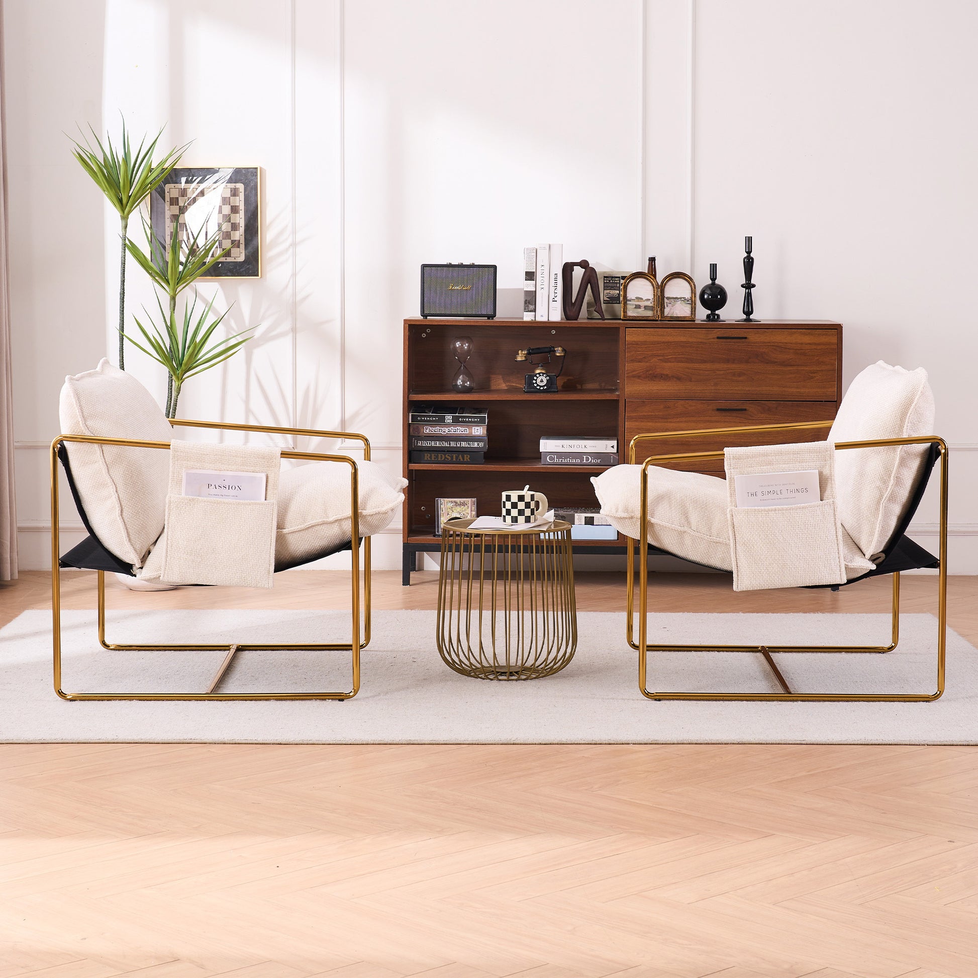 2 Chairs In 1 Box, Upholstered Hanging Armchair With Arm Pocketsmetal Frame, Gold Plated Craftsman, Crushed Foam Cushions And Skin Friendly Woven Fabric For Living Room And Bedroom. Beige Beige Metal