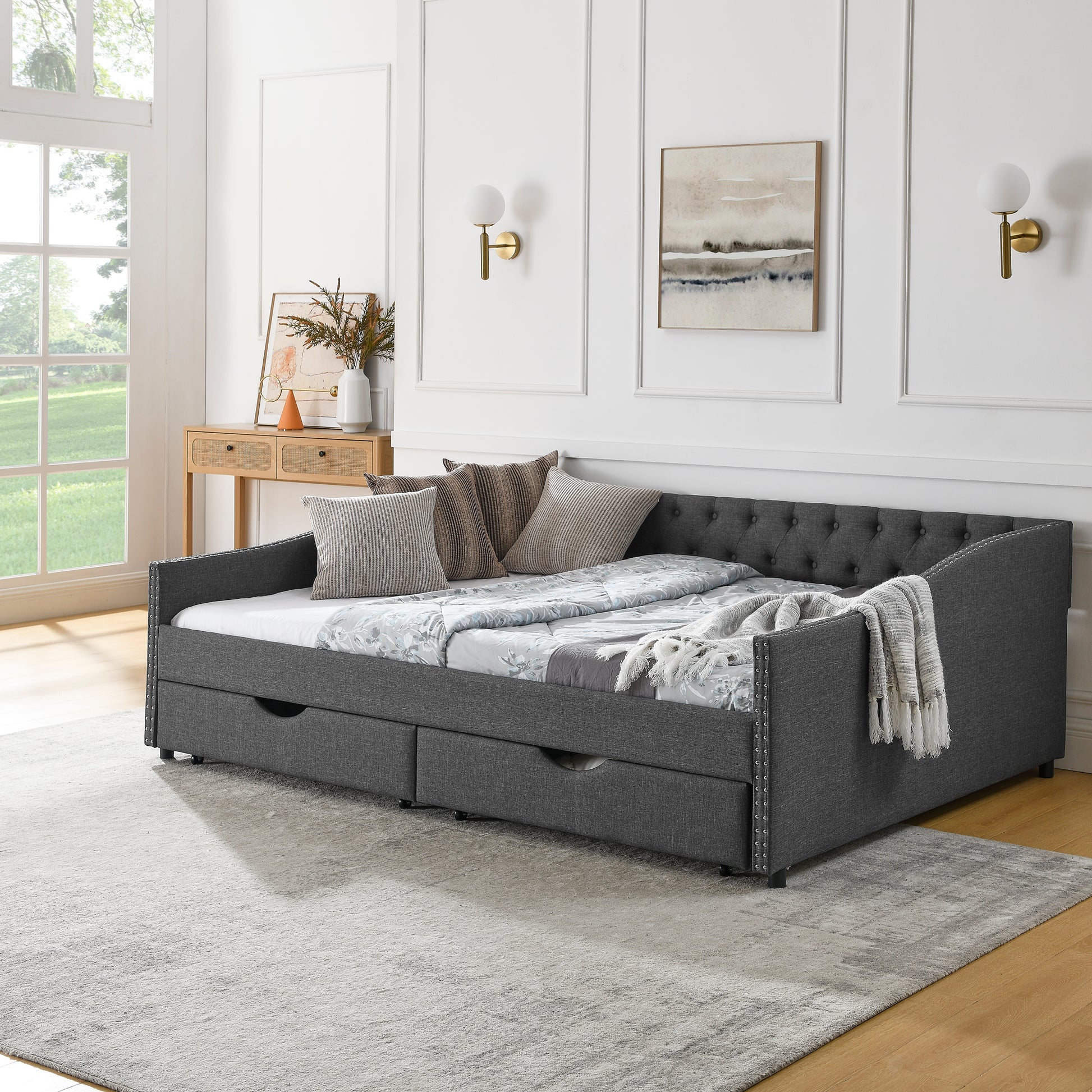 Queen Size Daybed With Drawers Upholstered Tufted Sofa Bed,With Button On Back And Copper Nail On Waved Shape Arms 84.5"X63.5"X26.5" Dark Grey Linen