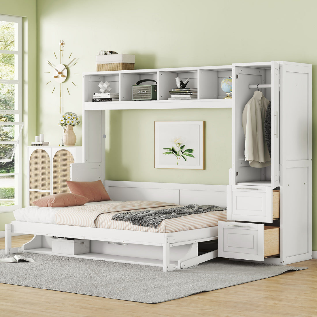 Full Size Murphy Bed Wall Bed With Closet And Drawers,White White Mdf Lvl