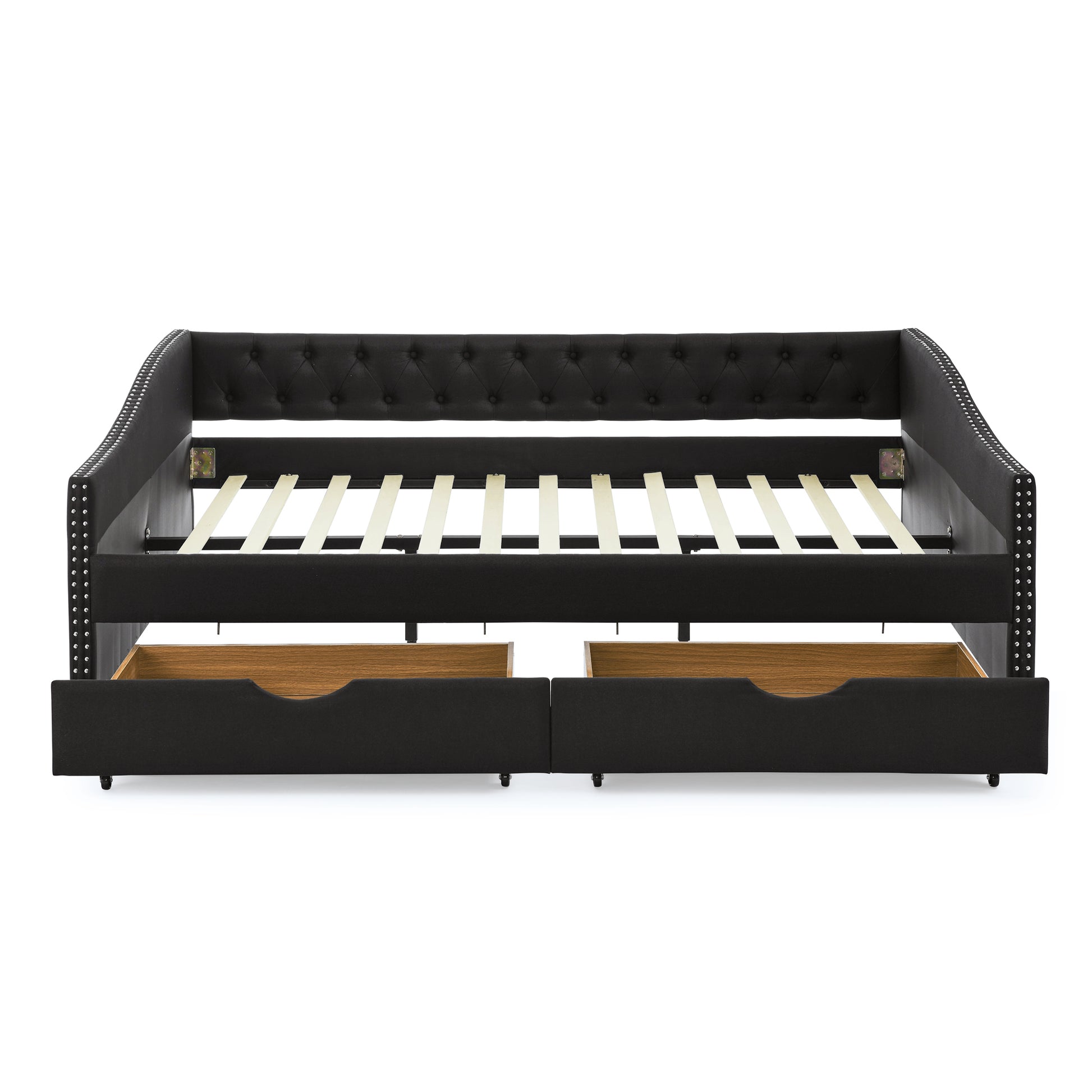 Queen Size Daybed With Drawers Upholstered Tufted Sofa Bed,With Button On Back And Copper Nail On Waved Shape Arms 84.5"X63.5"X26.5" Black Linen