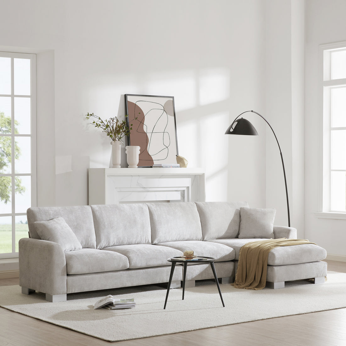 119*55" Modern Oversized Sectional Sofa,L Shaped Luxury Couch Set With 2 Free Pillows,5 Seat Chenille Indoor Furniture With Chaise For Living Room,Apartment,Office,2 Colors Light Gray Chenille 5 Seat