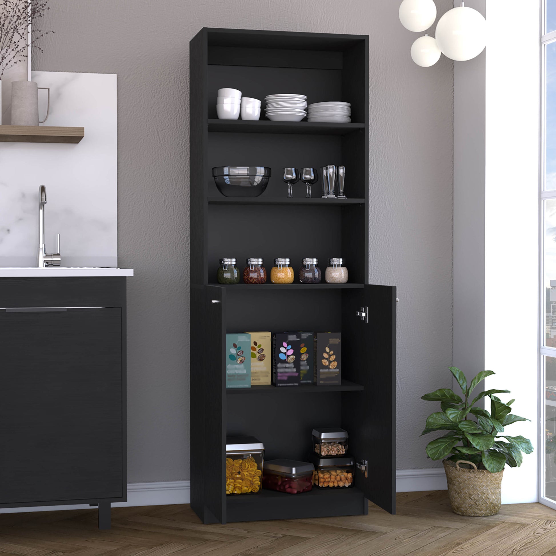 Vinton 2 Door Bookcase With Upper Shelves, Black Black Particle Board Pine