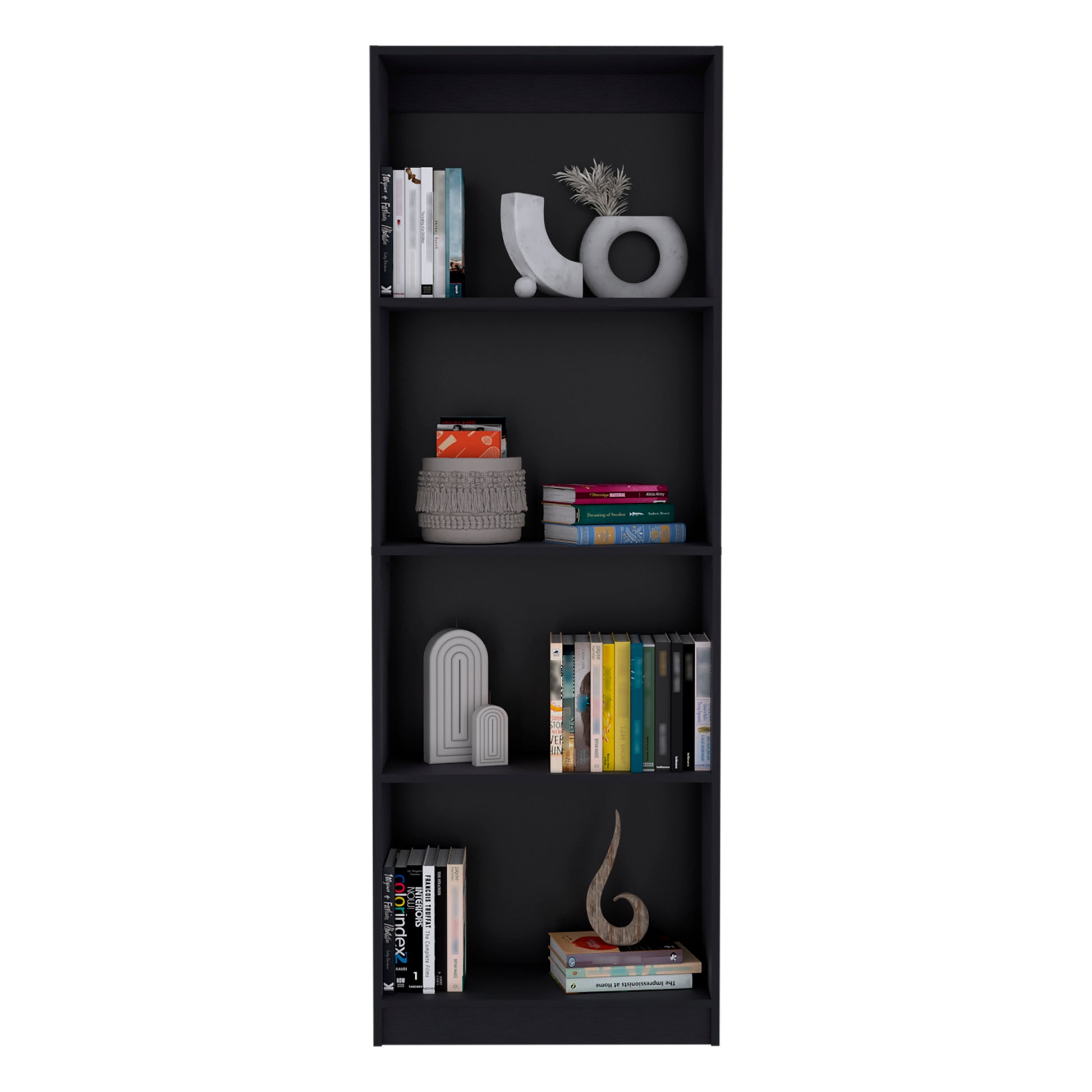 Vinton Bookcase With Spacious Tier Shelving Design, Black Black Particle Board Pine