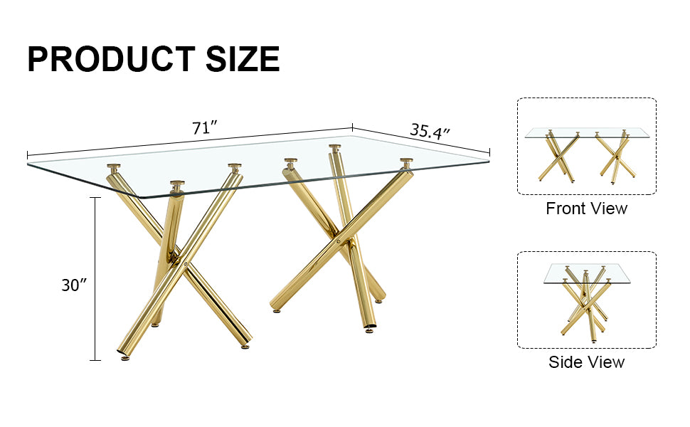 Large Modern Minimalist Rectangular Glass Dining Table For 6 8 With 0.39"Tempered Glass Tabletop And Golden Metal Legs,Kitchen Dining Living Meeting Room Banquet Hall, 71" X 35.4" X 30" 1538 Golden