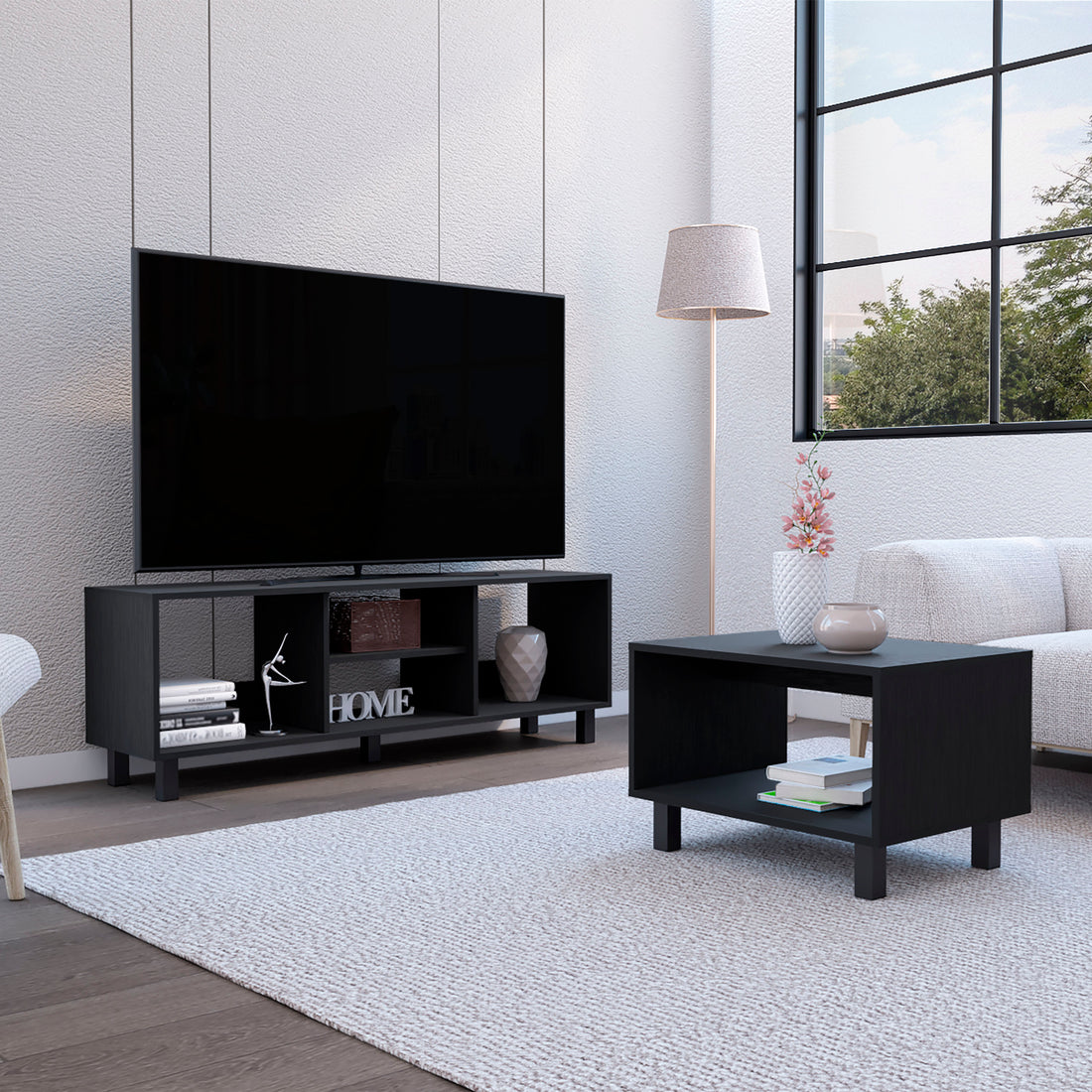 Carter 2 Piece Living Room Set, Streamlined With Tv Stand And Coffee Table, Black Black 50 59 Inches Particle Board Pine