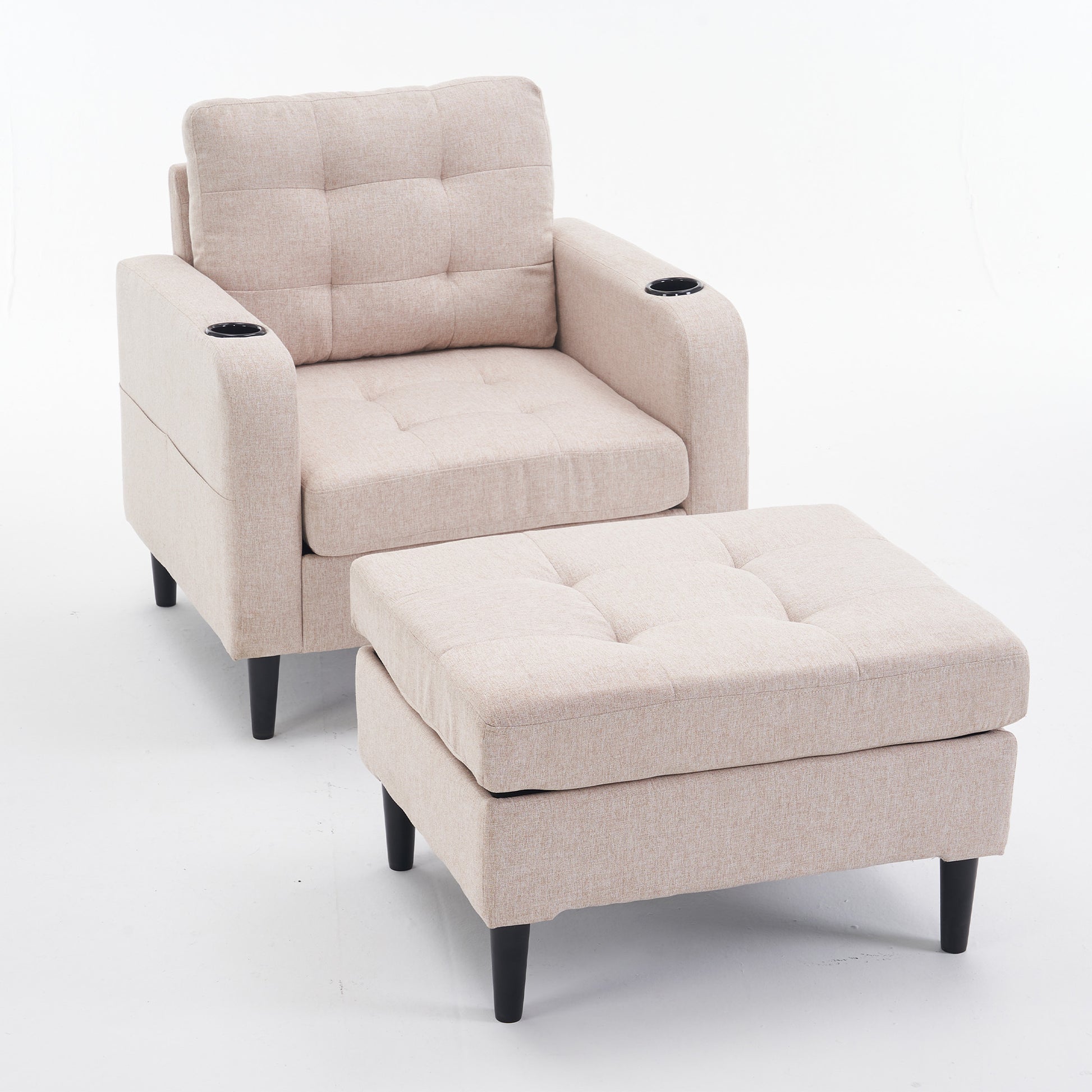 Beige Upholstered Armchair And Storage Ottoman Set Comfortable Single Sofa With Cup Holders And Tufted Detailing, Ideal For Living Room Or Bedroom Beige Metal