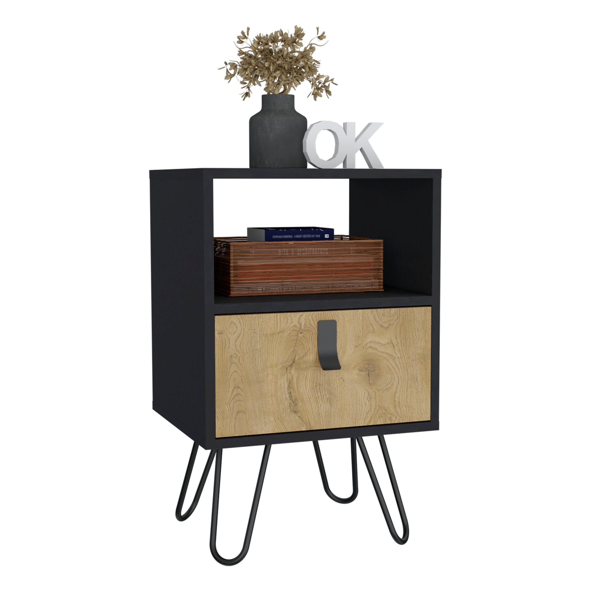 Nightstand 24"Hsleek Design With Hairpin Legs And One Drawer, Black Macadamia Black Multi Particle Board Pine