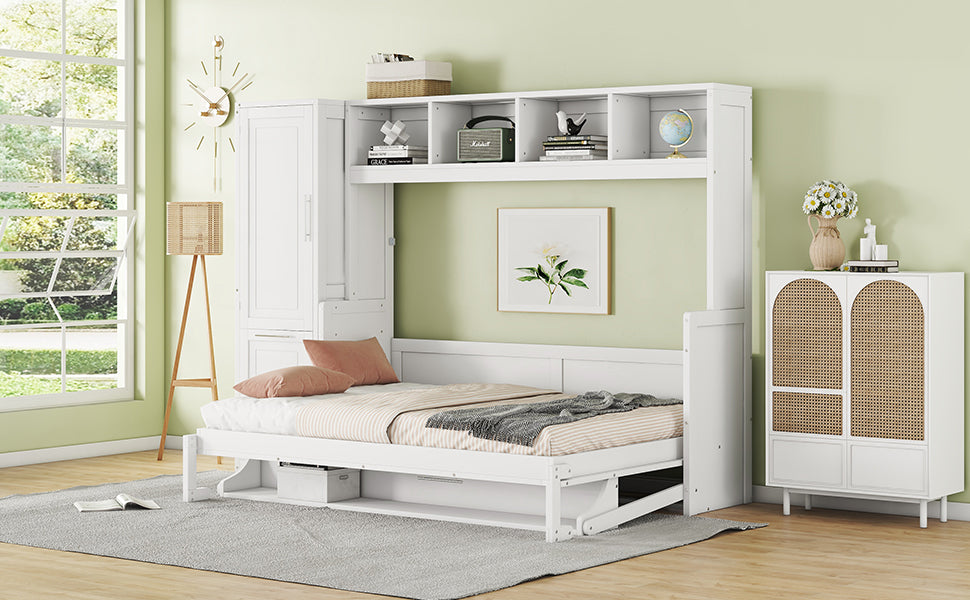 Full Size Murphy Bed Wall Bed With Closet And Drawers,White White Mdf Lvl