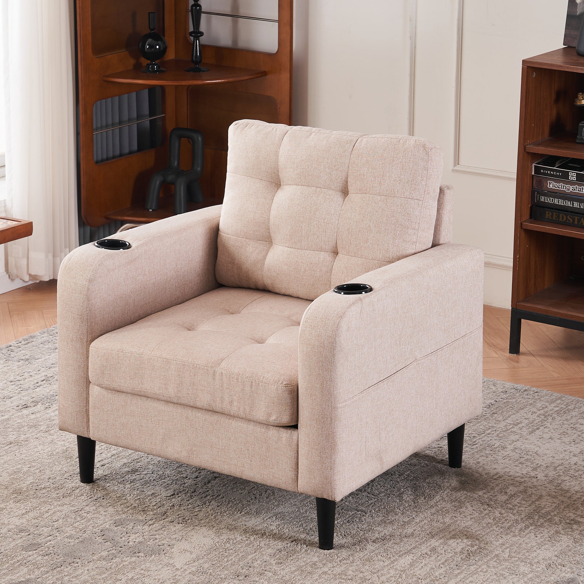 Beige Upholstered Armchair And Storage Ottoman Set Comfortable Single Sofa With Cup Holders And Tufted Detailing, Ideal For Living Room Or Bedroom Beige Metal