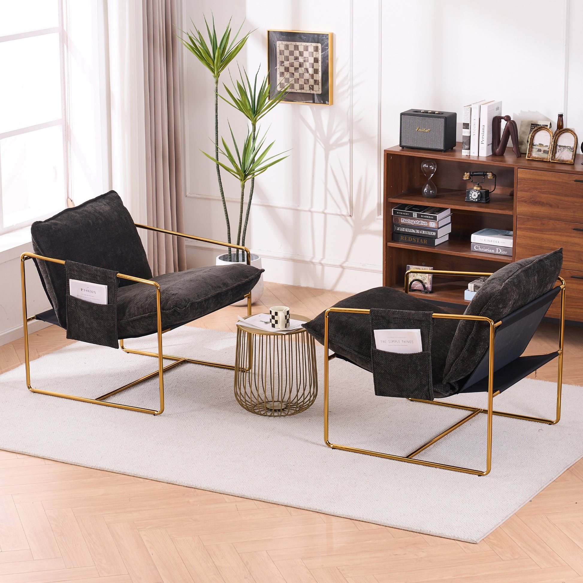 2 Chairs In 1 Box, Upholstered Hanging Armchair With Arm Pocketsmetal Frame, Gold Plated Craftsman, Crushed Foam Cushions And Skin Friendly Woven Fabric For Living Room And Bedroom. Dark Gray Dark Gray Metal