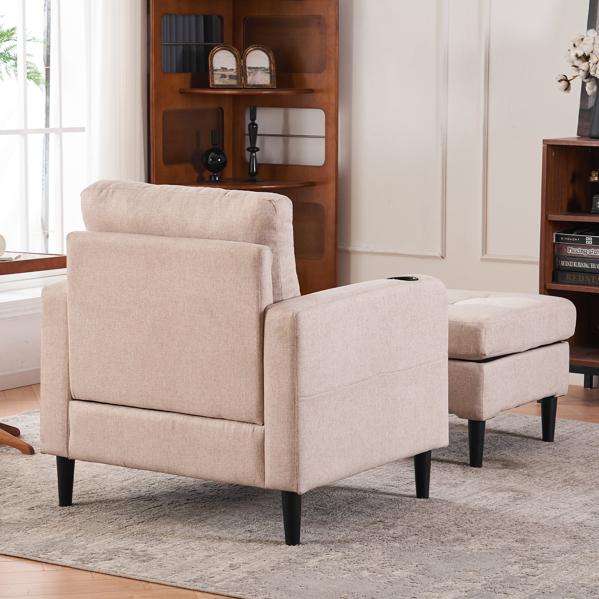 Beige Upholstered Armchair And Storage Ottoman Set Comfortable Single Sofa With Cup Holders And Tufted Detailing, Ideal For Living Room Or Bedroom Beige Metal