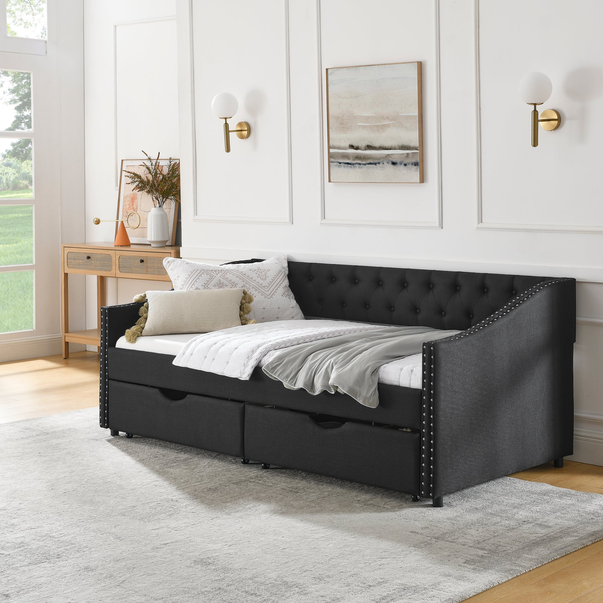 Twin Size Daybed With Drawers Upholstered Tufted Sofa Bed, With Button On Back And Copper Nail On Waved Shape Arms 81.5''X4''X30.5'' Black Linen