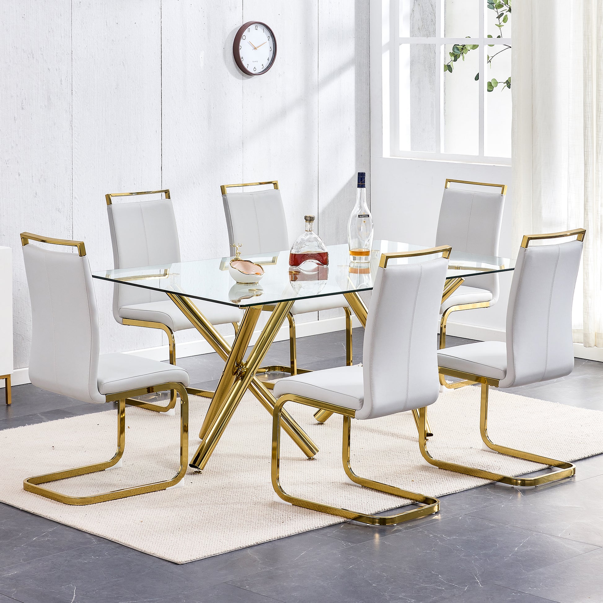 Large Modern Minimalist Rectangular Glass Dining Table For 6 8 With 0.39"Tempered Glass Tabletop And Golden Metal Legs,Kitchen Dining Living Meeting Room Banquet Hall, 71" X 35.4" X 30" 1538 Golden