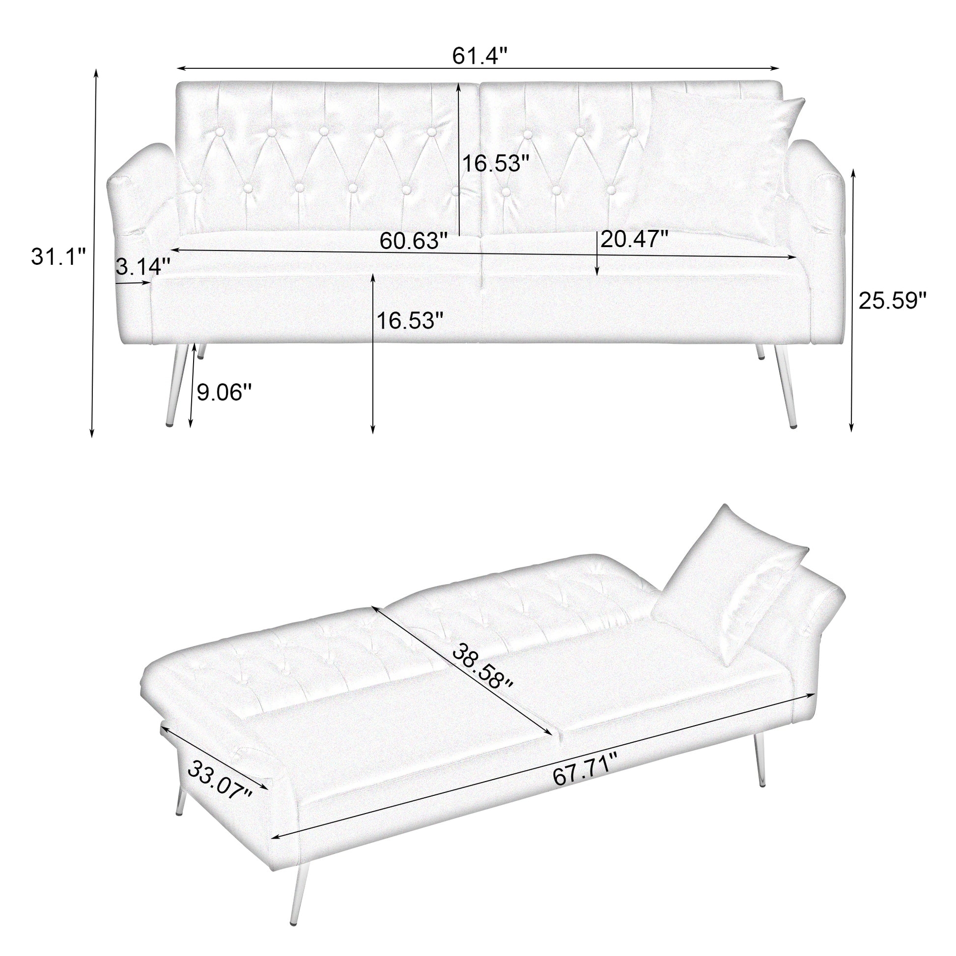 67.71 Inch Faux Leather Sofa Bed With Adjustment Armres Black Light Brown Faux Leather Wood Primary Living Space Medium Soft Loose Back Contemporary Eucalyptus Square Arms Foam Pvc 2 Seat