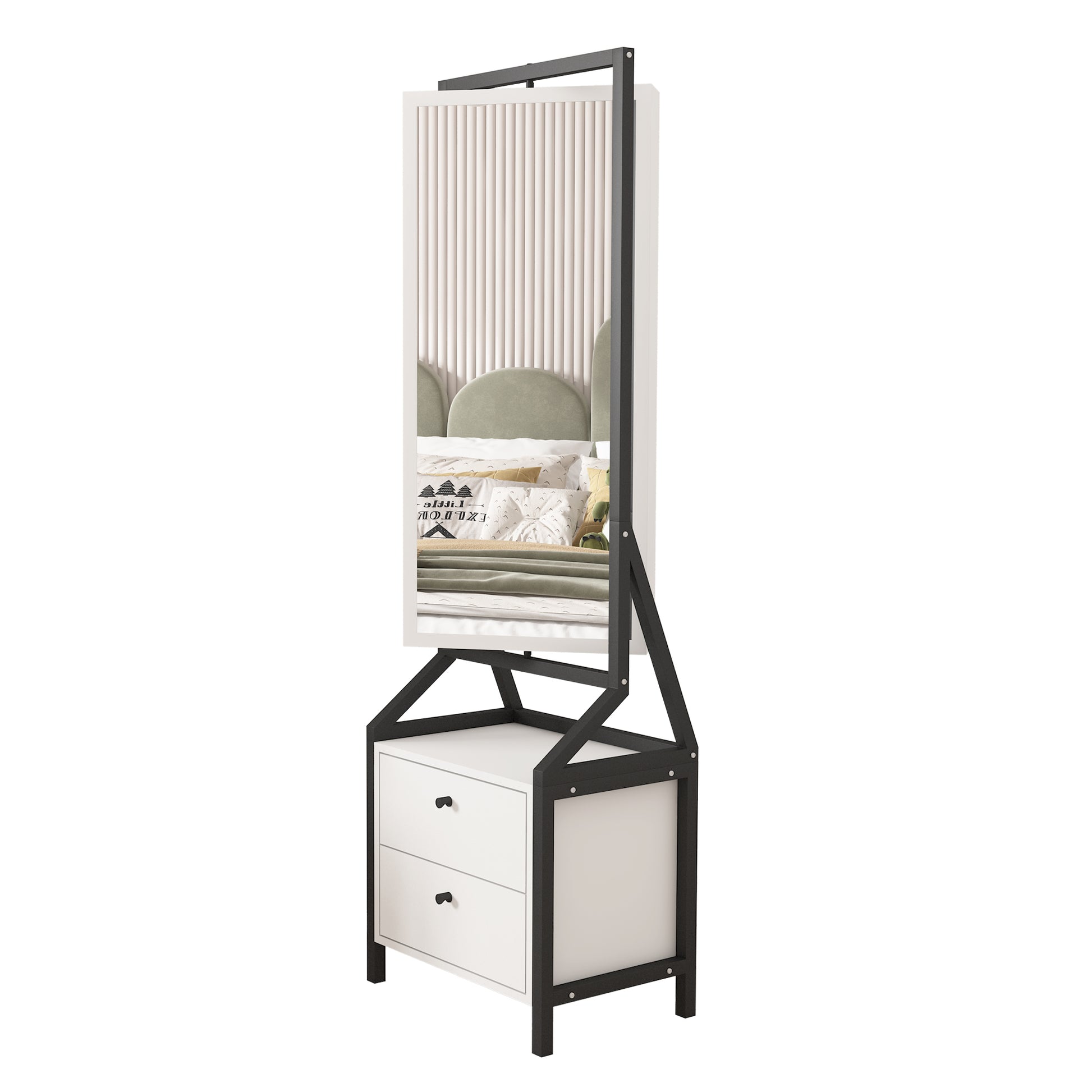 360 Swivel Jewelry Armoire & Makeup Mirror Cabinet With 2 Bottom Drawer, Rotates Freely, Spacious Storage Area, Hand Painted & Artisan White Finish White Modern Mdf