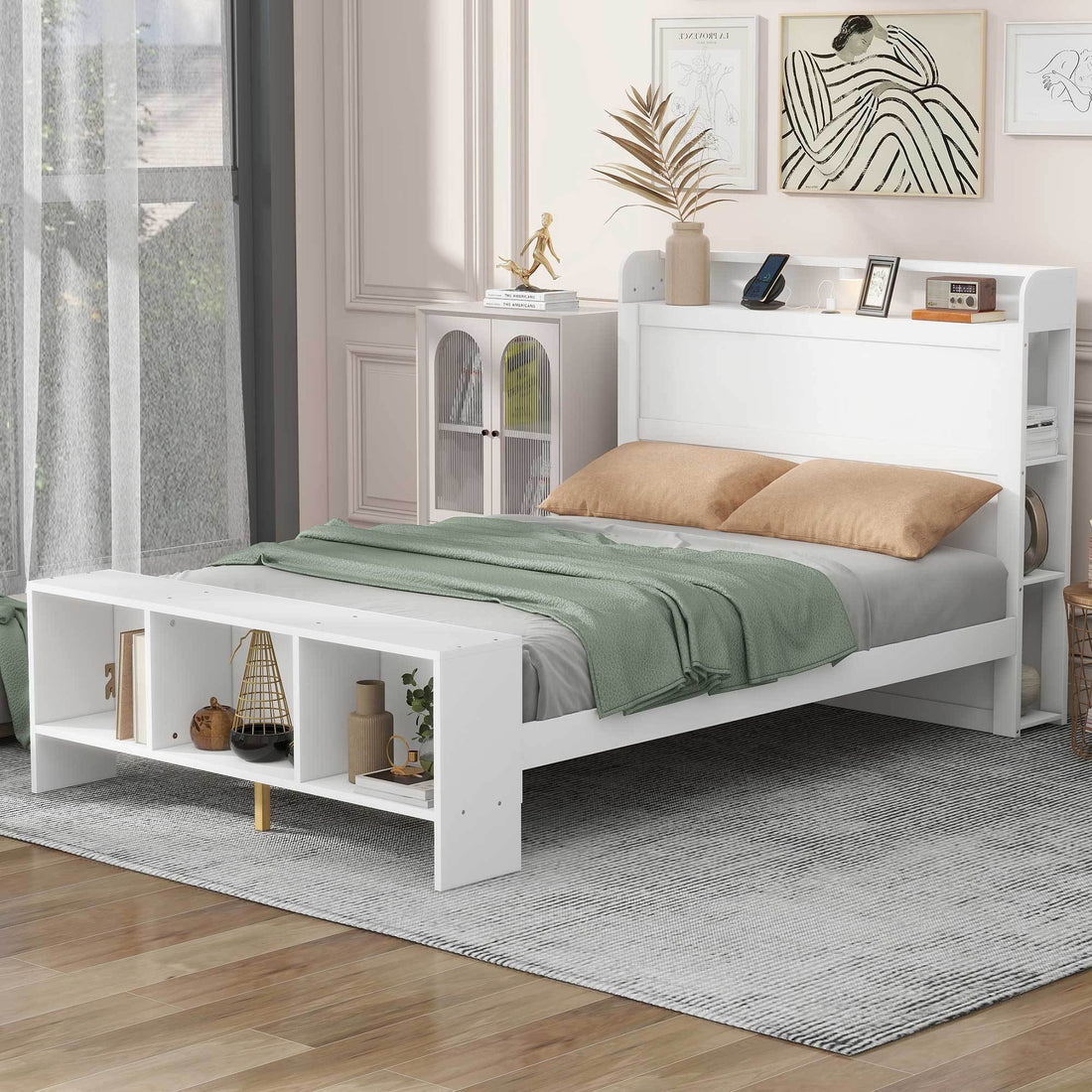 Full Size Platform Bed With Built In Shelves, Led Light And Usb Ports, White White Mdf Lvl