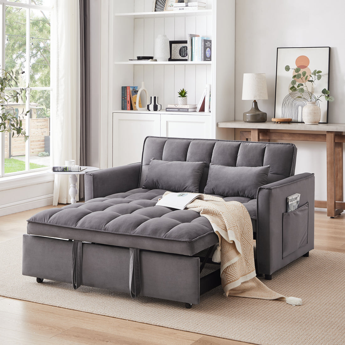 55.1 Inch 3 In 1 Convertible Sofa Bed, Modern Velvet Double Sofa Futon Sofa Bed With Adjustable Back, Storage Bag And Pillow, For Living Room, Bedroom Dark Grey Dark Grey Metal & Wood 2 Seat