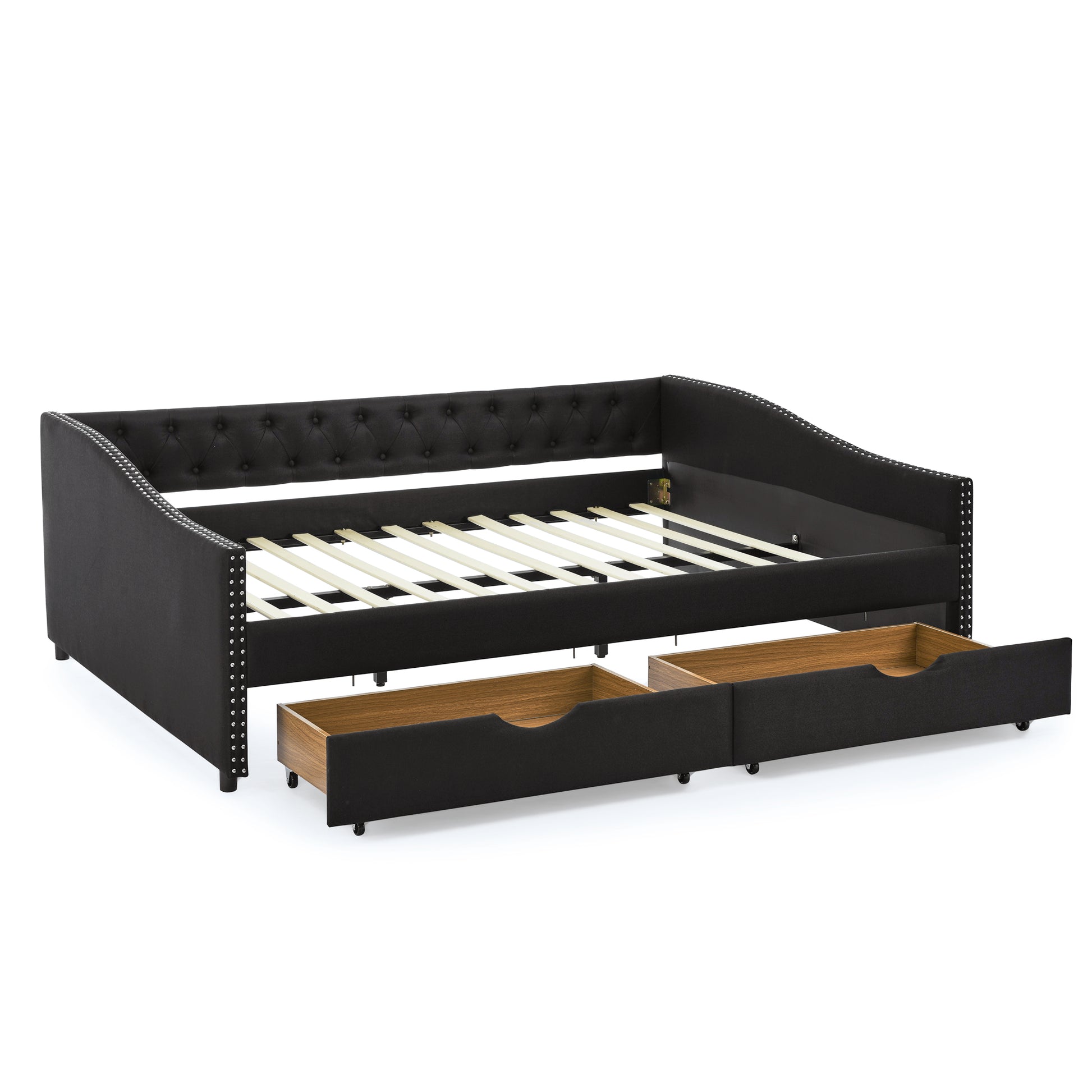 Queen Size Daybed With Drawers Upholstered Tufted Sofa Bed,With Button On Back And Copper Nail On Waved Shape Arms 84.5"X63.5"X26.5" Black Linen